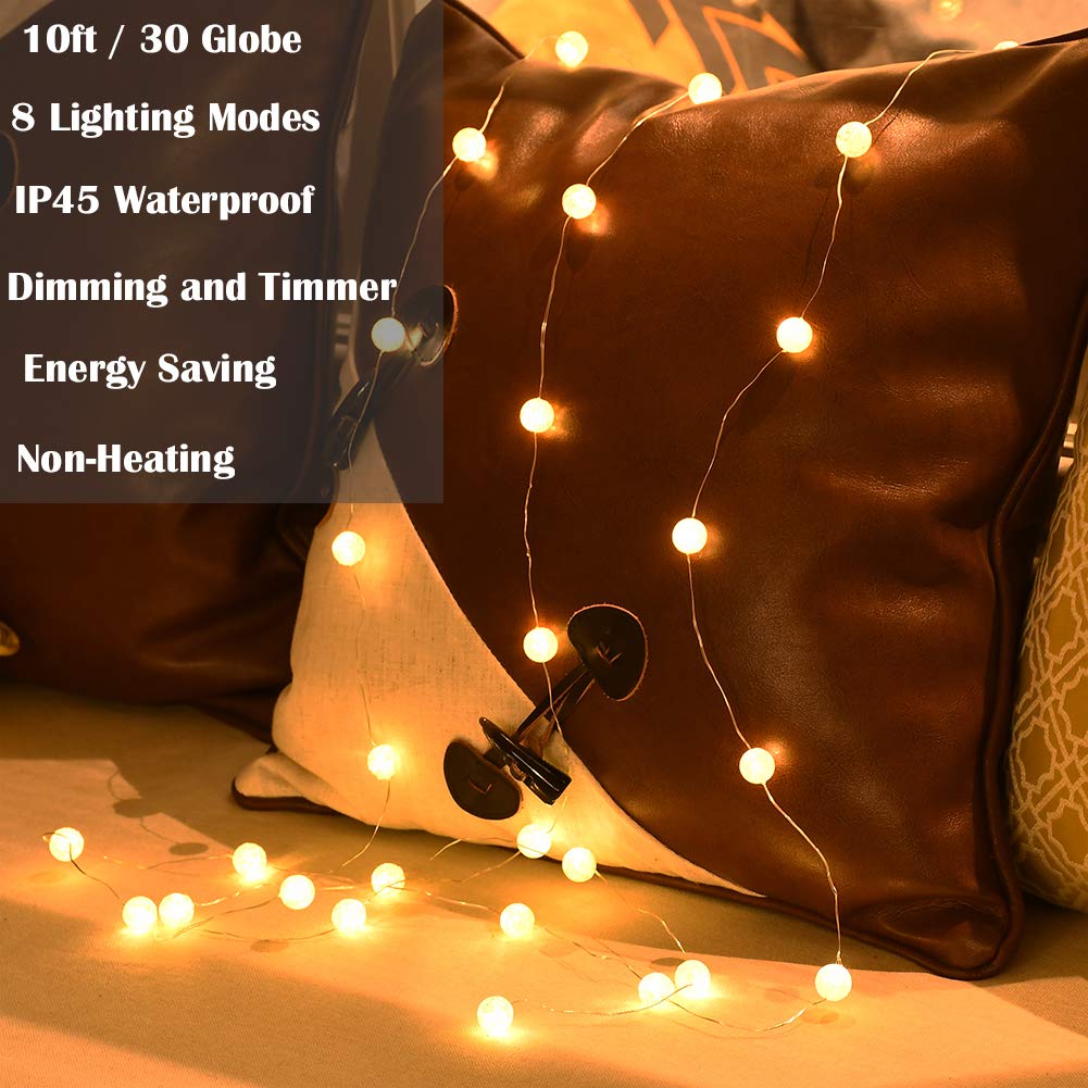 Globe String Lights - 10ft 30 LED Crystal Ball Fairy Lights with Remote Control, 8 Lighting Modes, Warm White Battery Operated Waterproof for Indoor Outdoor Bedroom Garden Party Wedding Decor - Perfect for Creating Romantic Atmosphere in Backyard, Patio, Christmas, Anniversary and Special Events