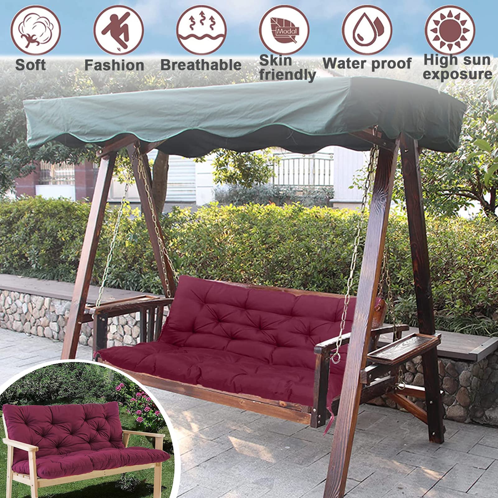 Waterproof Outdoor Swing Replacement Cushions with Backrest - 40x47 Inch Washable Bench Cushions for Patio, Garden & Loveseat (Wine Red) - Perfect for 2-3 Seater Outdoor Furniture & Relaxing in Your Backyard