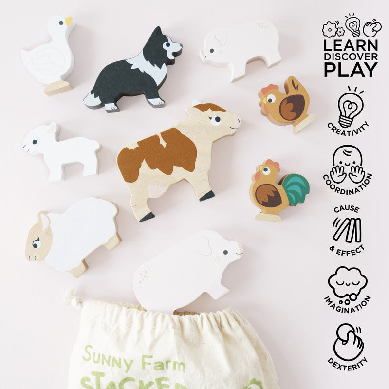 Petilou Wooden Farm Animal Stacking Toys with Storage Bag - Montessori Learning Toys for Toddlers, Perfect for Farm-Themed Playrooms & Early Childhood Education