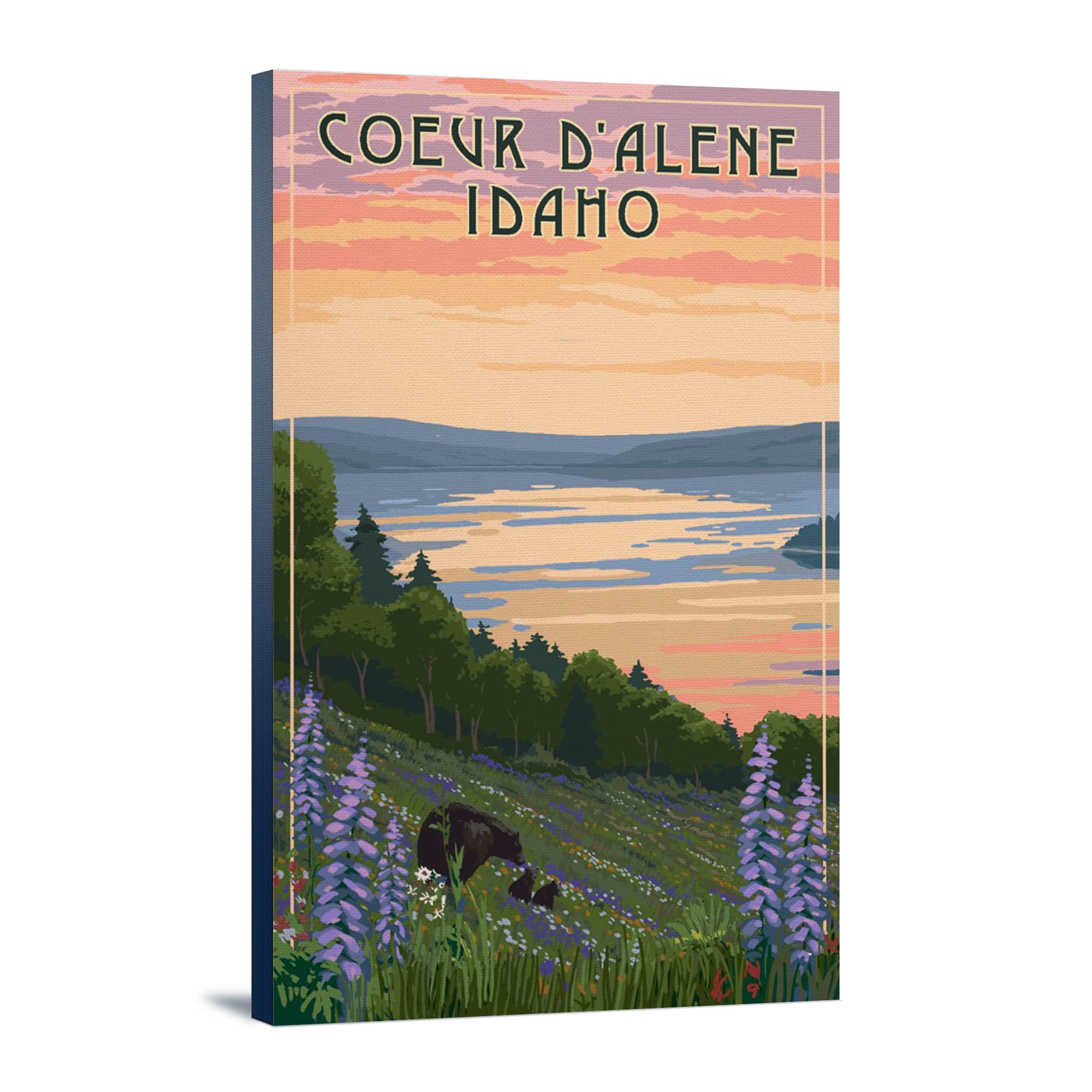 Lantern Press Coeur d'Alene Idaho Lake and Bear Family Wall Art - 24x36 Wrapped Canvas Print for Home Decor, Living Room, Bedroom & Office