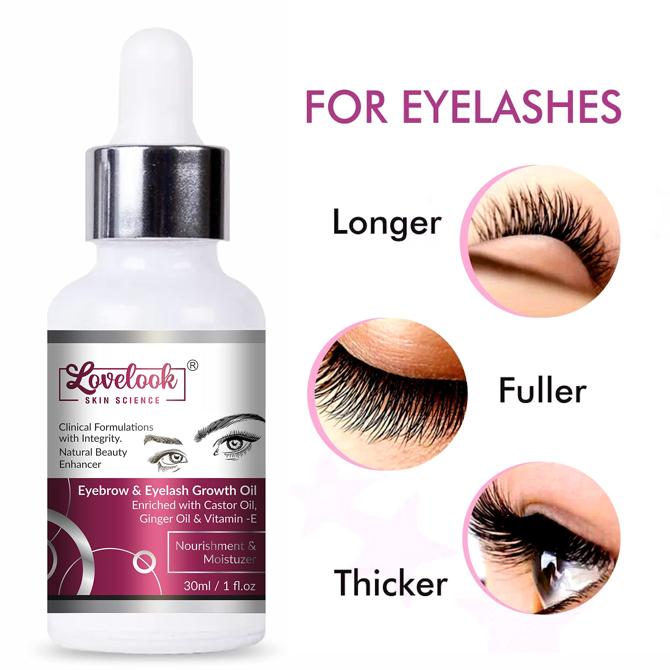 Lovelook Eyelash & Eyebrow Growth Serum - Natural Castor Oil, Almond Oil & Vitamin E Formula for Longer, Thicker Lashes & Brows | Perfect for Nighttime Use & Enhancing Makeup Looks