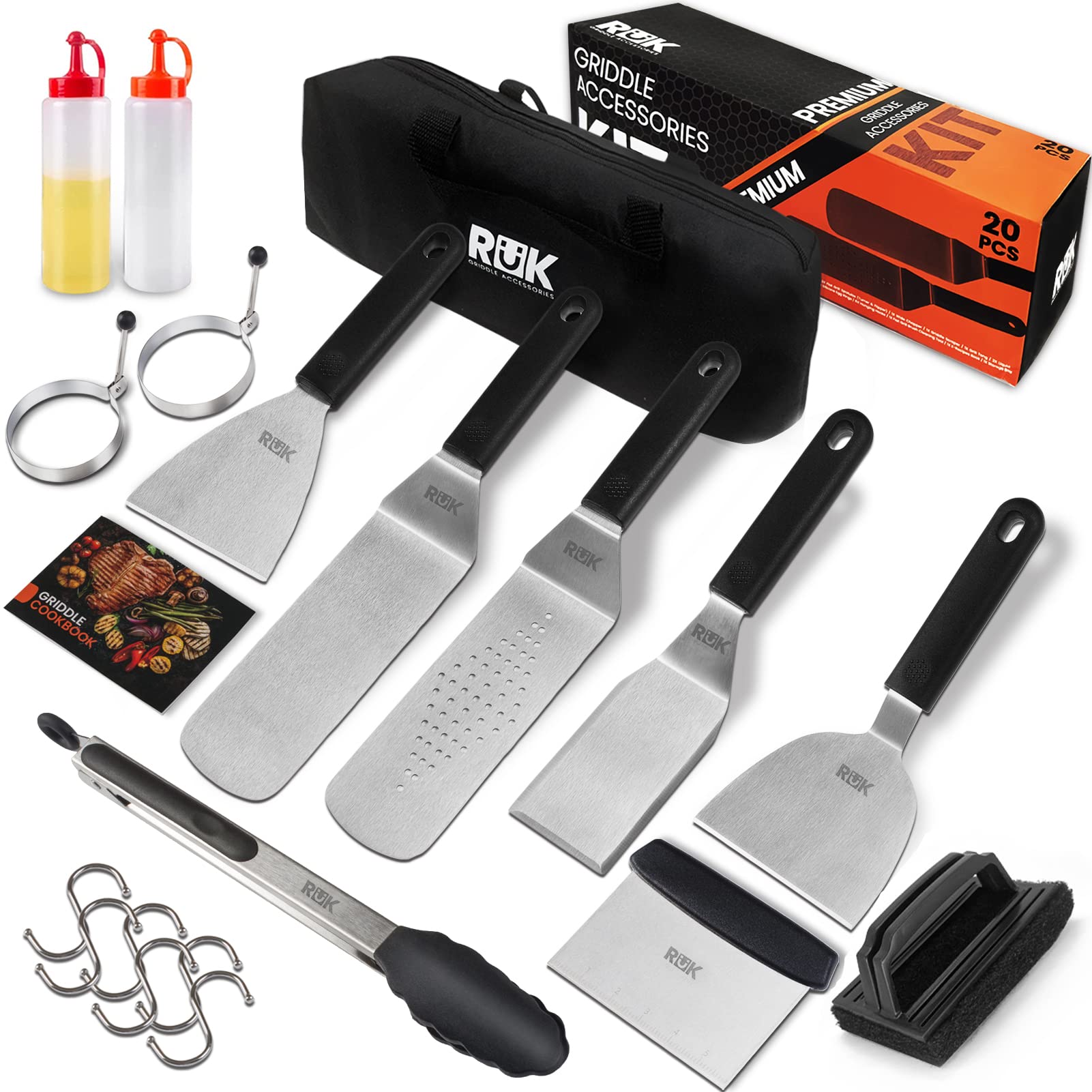 **Blackstone Griddle Accessories Kit – 20-Piece Flat Top Griddle Set with Heat-Resistant Long Handle Spatula, Scraper, Cleaning Tools & e-Cookbook – Compatible with Blackstone & Camp Chef – Perfect for Outdoor Cooking, Camping & Backyard BBQs**