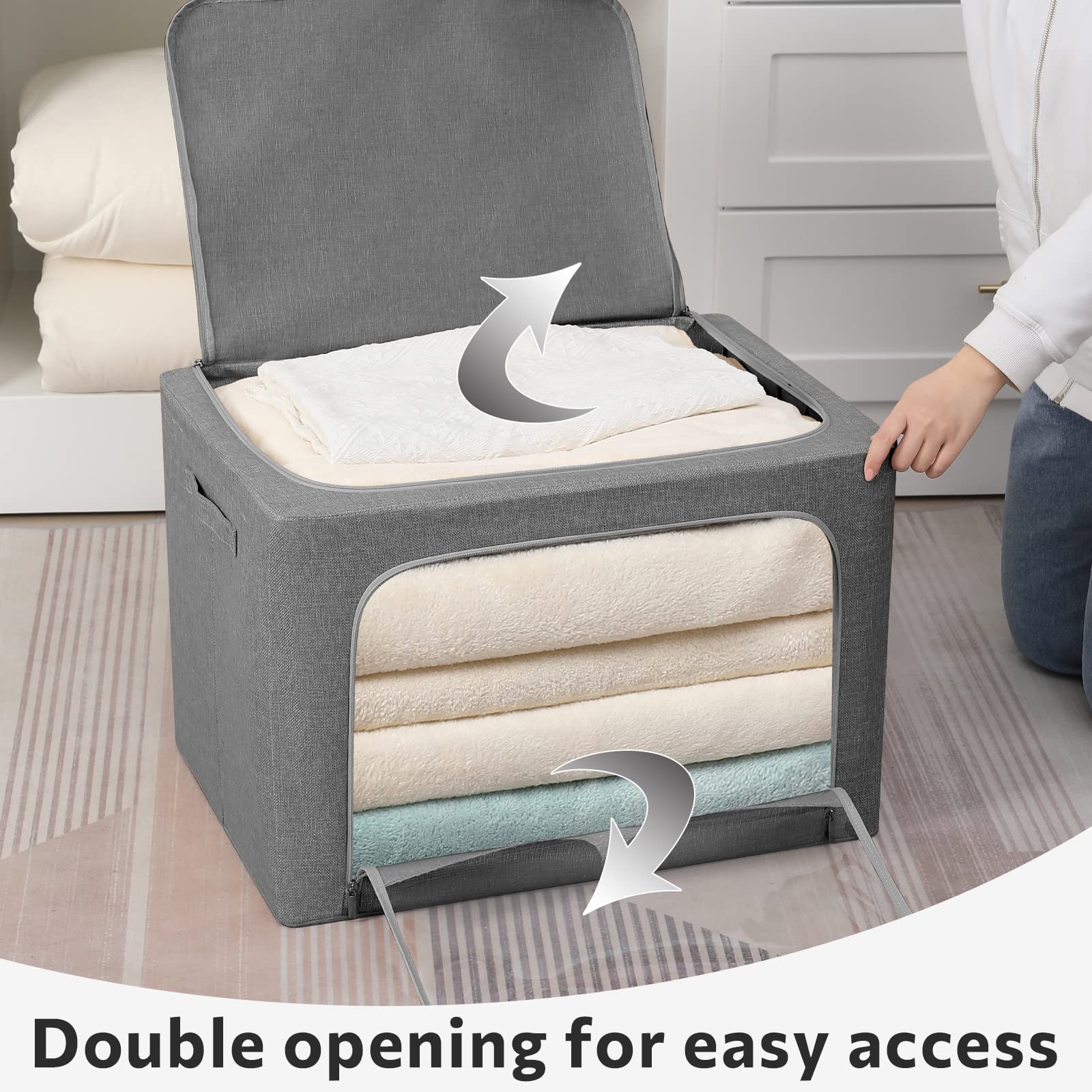 3 Pack Foldable Metal Frame Storage Bins - Stackable Linen Fabric Clothes Organizer with Clear Window & Handles (Dark Gray, 19.7x15.7x12.6inch/66L) - Perfect for Closet, Bedroom, Dorm & Laundry Room Organization