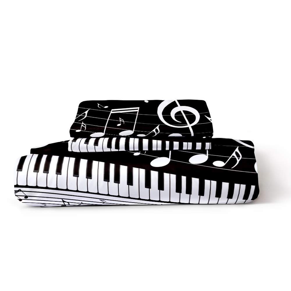Suncloris Black Piano Keyboard Music Note Duvet Cover Set with Clef Staff Design - Twin Size Kids Bedding (1 Duvet Cover + 1 Pillowcase) - Perfect for Music Lovers' Bedrooms & Themed Nursery Decor