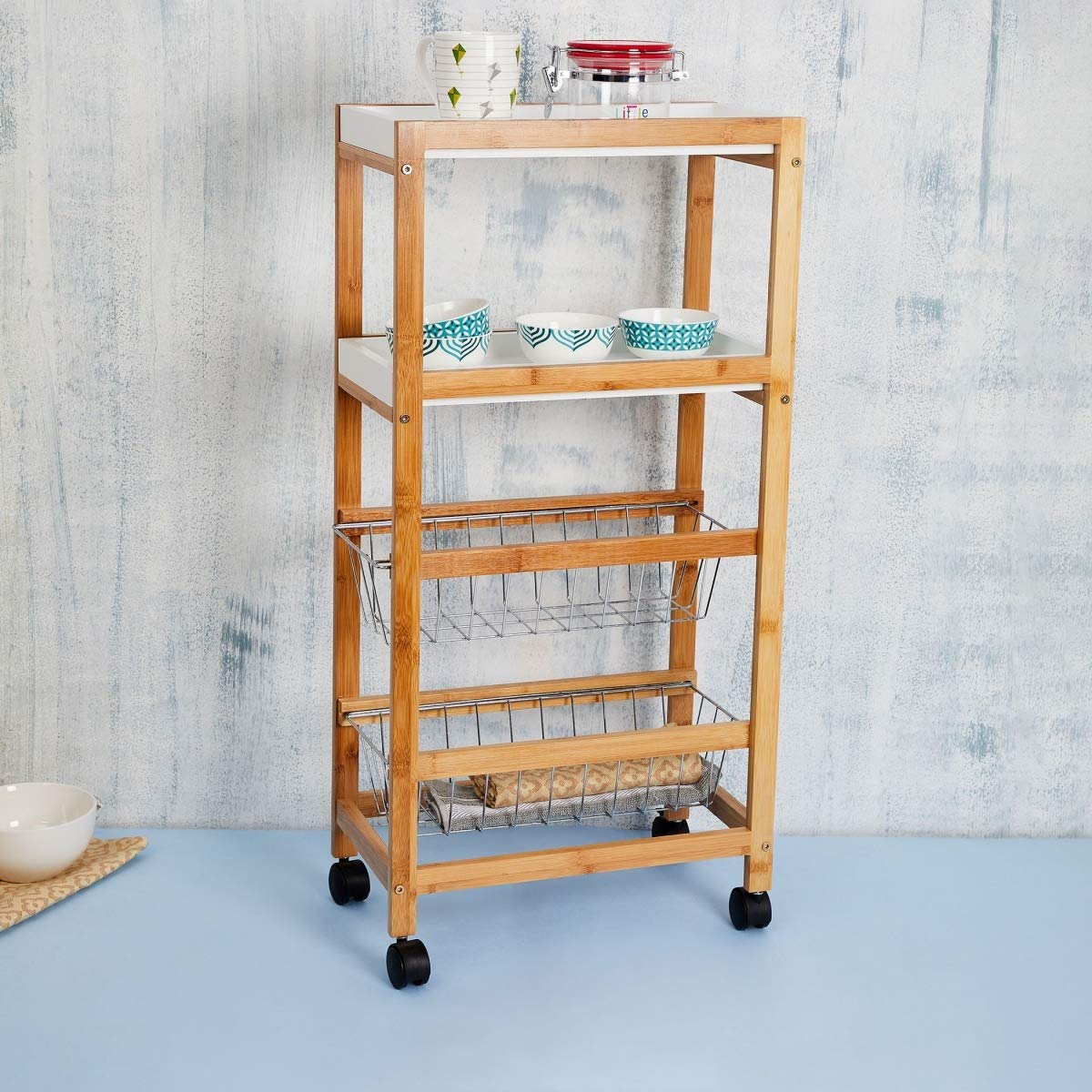Home Centre Tranzit Wood Rectangular Kitchen Trolley - Rolling Kitchen Island Cart with Storage for Small Spaces | Perfect for Food Prep, Dining & Extra Counter Space