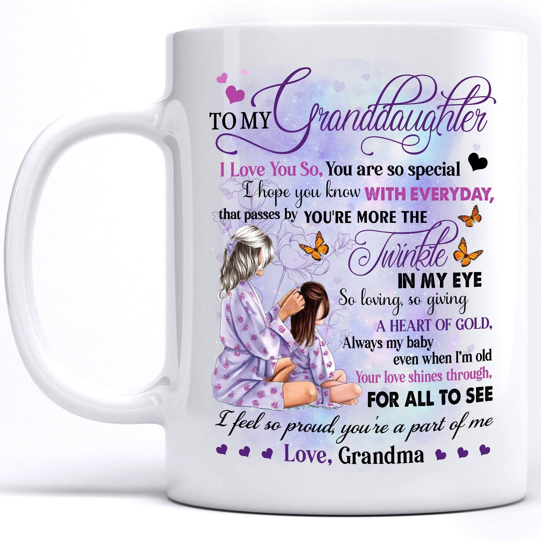 Personalized Christmas Coffee Mug - Heartwarming Birthday Gift for Granddaughter from Grandma - 11oz White Ceramic Tea Cup with Handle - Perfect for Hot Cocoa, Coffee & Tea at Home or Office