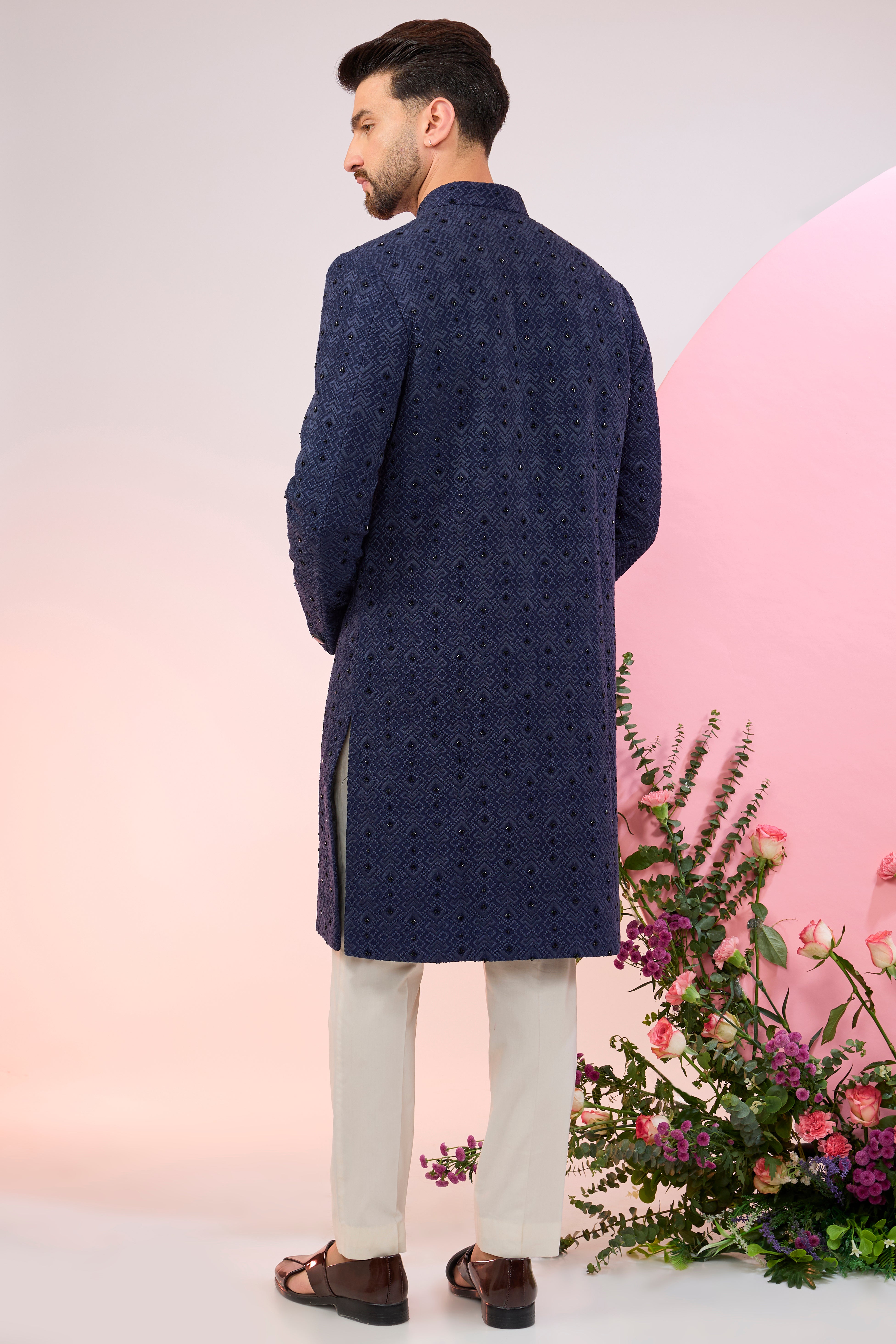 Elegant Navy Blue Embroidered Sherwani for Men with Geometric Patterns & Dana Work - Perfect for Weddings, Festivals & Special Occasions