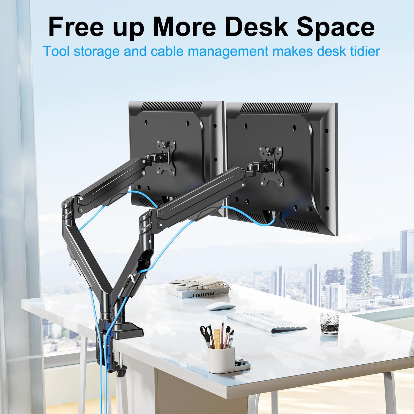 Dual Monitor Stand for 43 Inch Screens - Heavy Duty Ultrawide Monitor Arm Holds 33lbs Each, Adjustable Gas Spring VESA Mount for 2 Monitors - Perfect for Home Office, Gaming Setup & Workstation