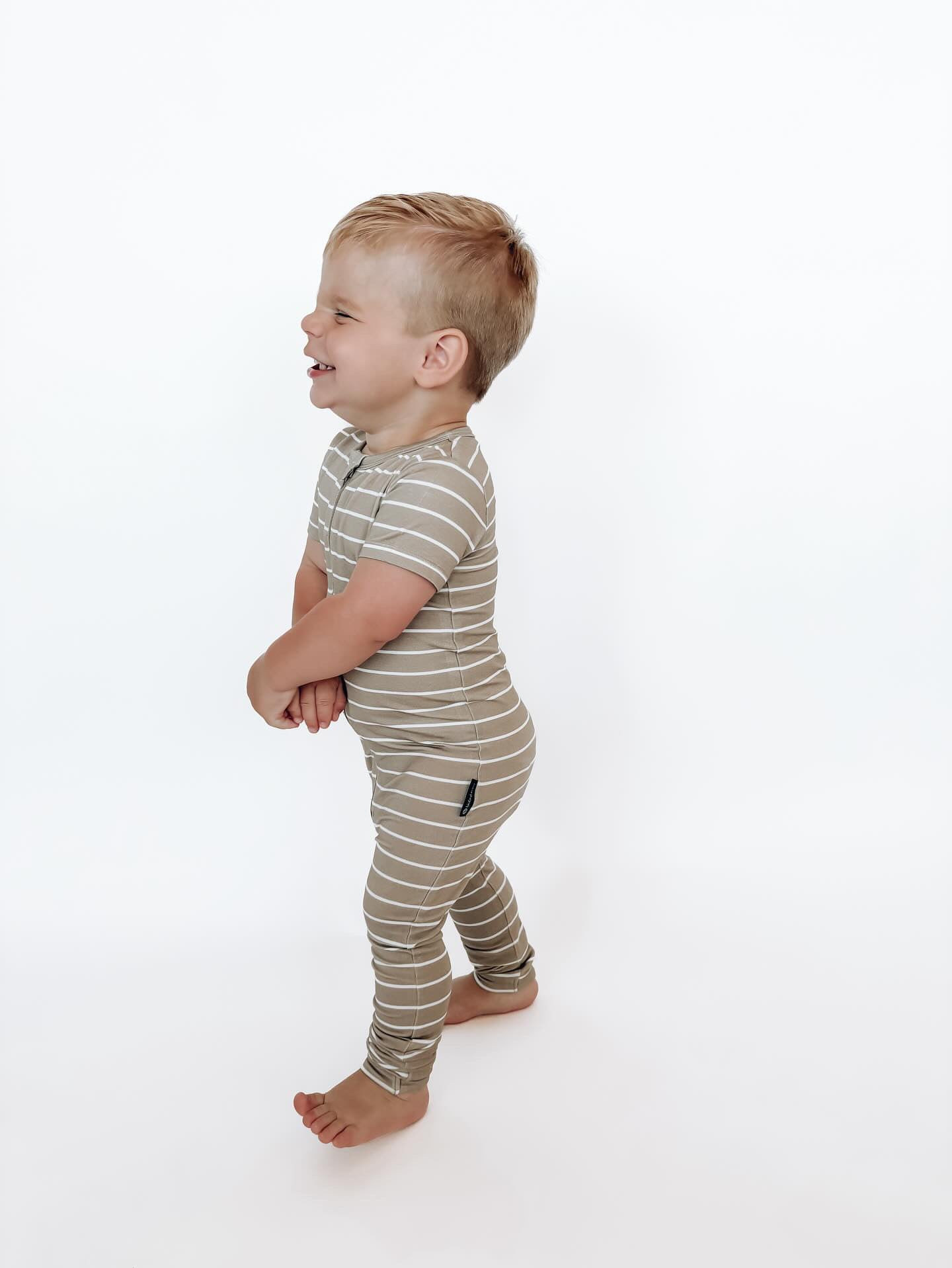 LB x Baby Breez Short Sleeve Pinstripe Romper Pajamas - Soft Cotton Sleepwear for Babies & Toddlers (Khaki Green/White) - Perfect for Nursery, Bedtime & Playtime