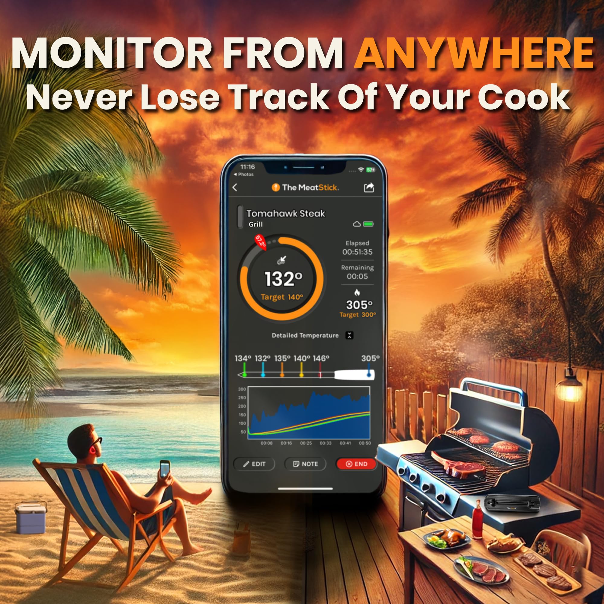 MeatStick V Wireless Meat Thermometer - 1200°F Heat Resistant Smart Digital Probe with WiFi & Bluetooth for Grilling, Smoking, BBQ, Sous Vide | Perfect for Kitchen Cooking, Oven, Air Fryer & Smoker | Ideal for Backyard BBQs, Camping & Holiday Meals