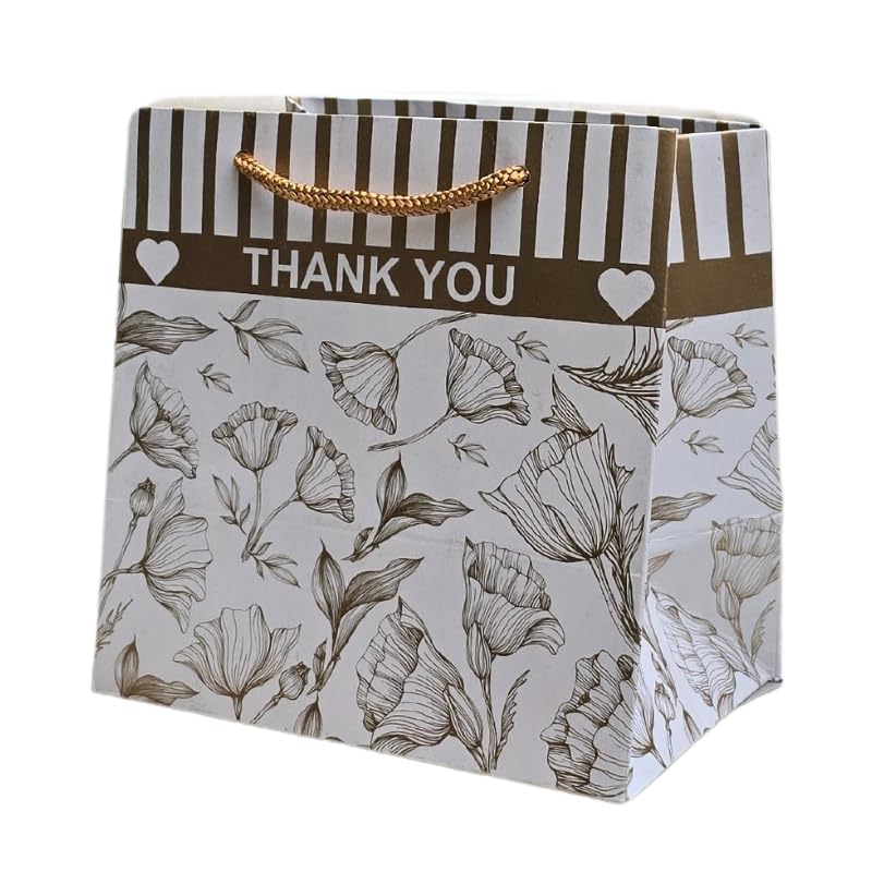 Golden Floral Design Thank You Gift Bags - Elegant Paper Favor Bags for Birthday, Wedding, Baby Shower & Holiday Presents (Pack of 10, 6x4x6 Inches) - Perfect for Party Favors, Bridesmaid Gifts & Special Occasions