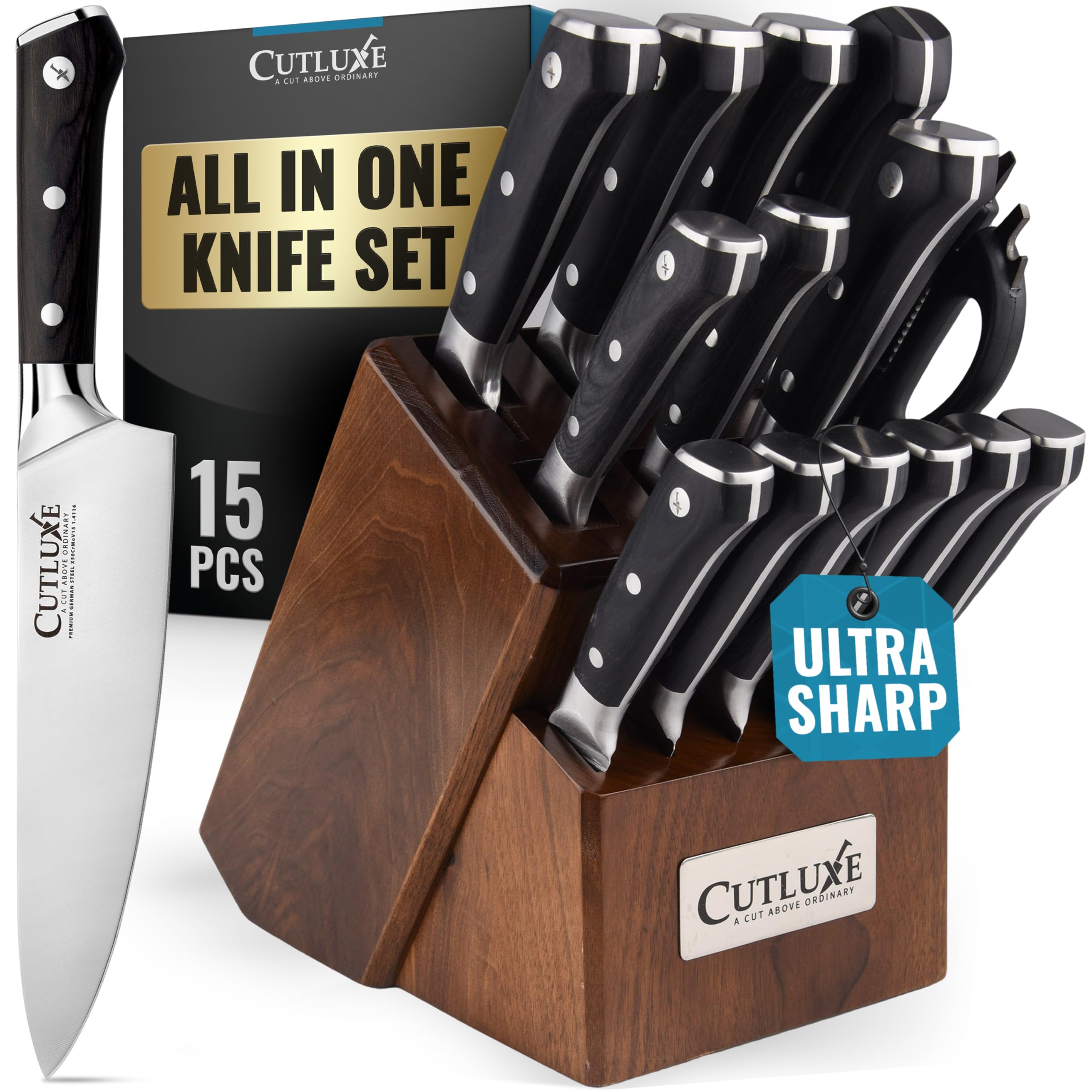 Cutluxe 15-Piece Professional Chef Knife Set with Walnut Wood Block - Ultra Sharp High Carbon German Stainless Steel Knives, Full Tang Kitchen Knife Set - Perfect for Home Chefs & Culinary Enthusiasts