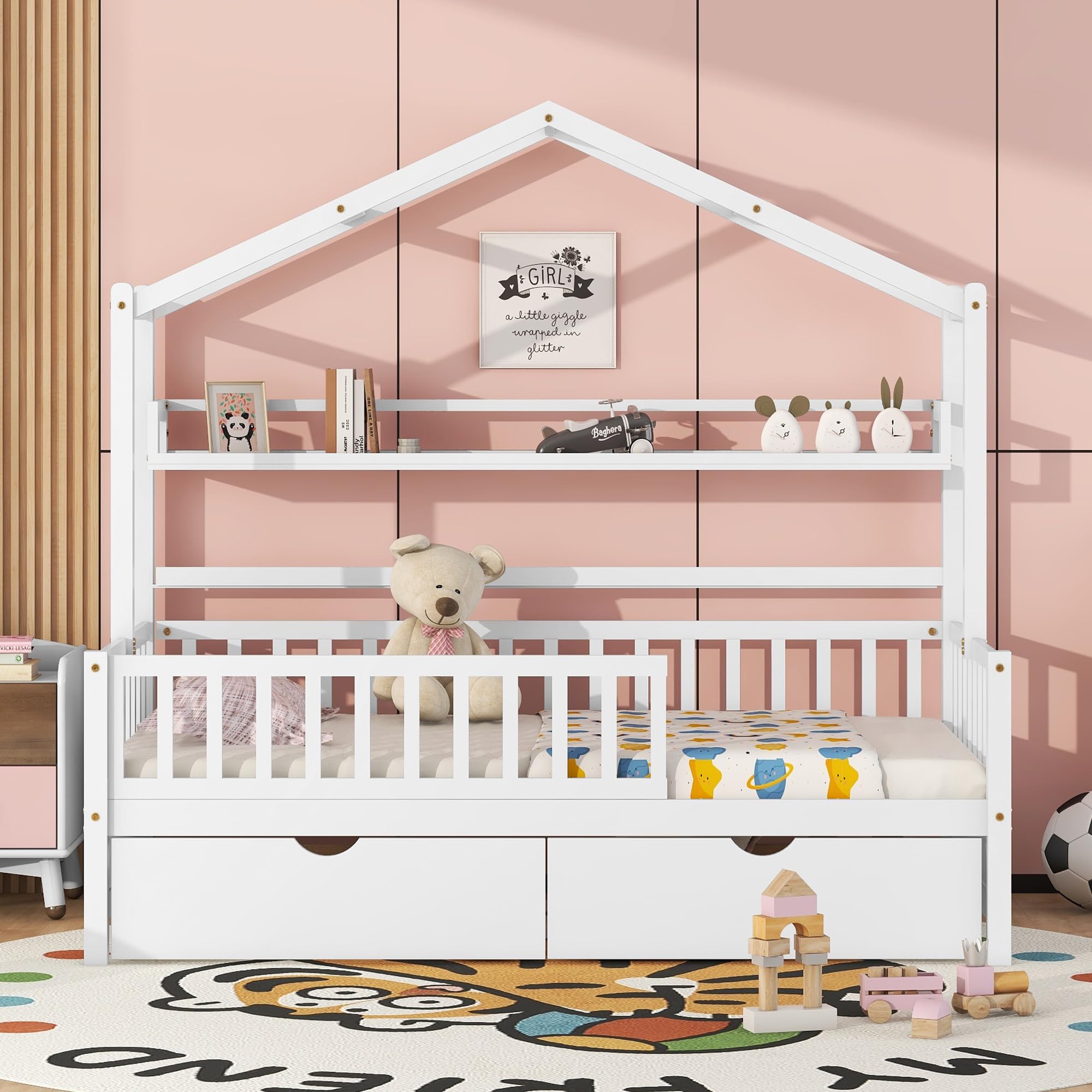 **Wooden Twin Size House Bed with 2 Drawers & Storage Shelf - Kids & Teens Bedroom Furniture for Boys & Girls - Perfect for Small Spaces, Playrooms & Cozy Bedrooms (Twin, White)**