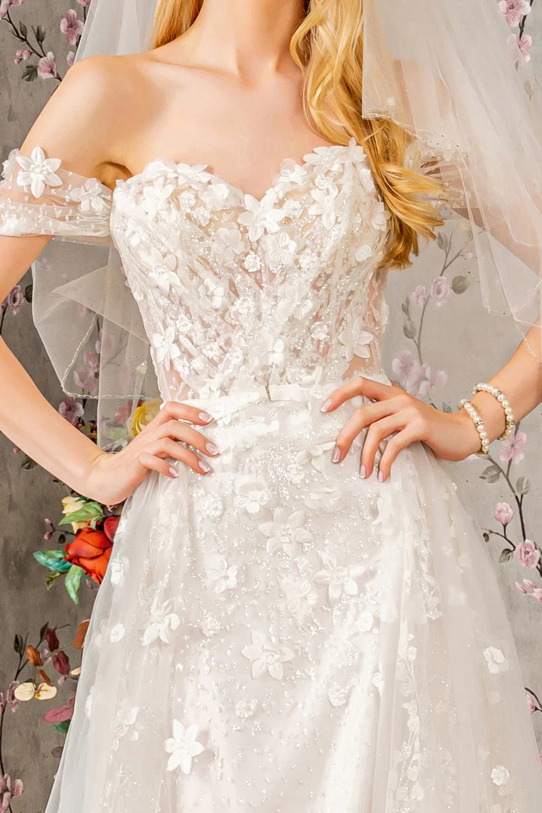 Elegant 3D Floral Lace Long Sleeve Open Shoulder Sheer Corset Wedding Dress - Perfect for Bridal Gowns, Evening Gowns, and Formal Occasions