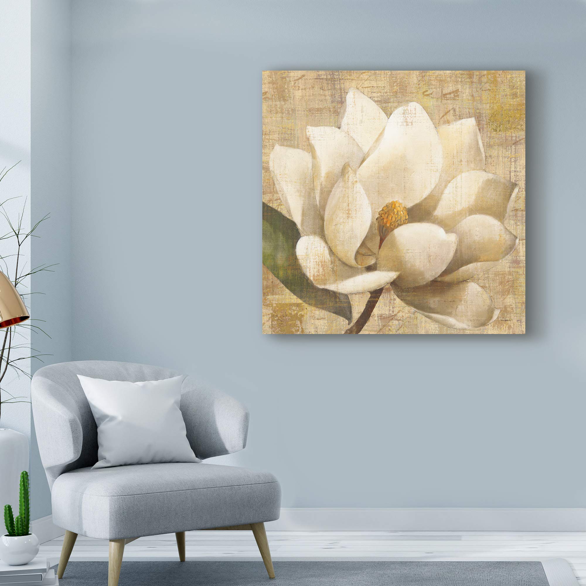 Trademark Fine Art Magnolia Blossom on Script by Albena Hristova - 18x18 Inch Floral Wall Art - Perfect for Living Room, Bedroom & Office Decor