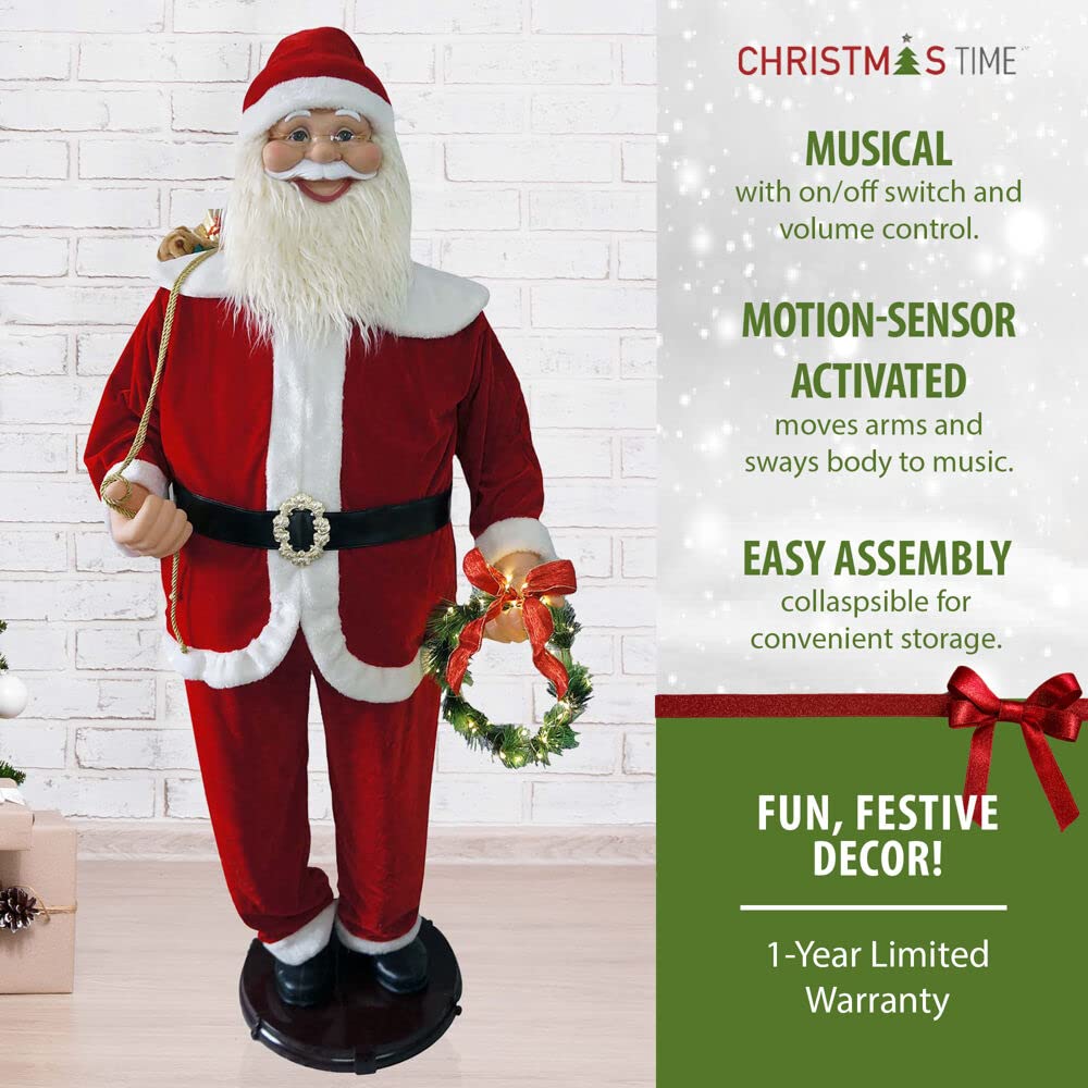 58-Inch Animated Dancing Santa Claus with Wreath & Gift Sack - Indoor Christmas Decor for Holiday Home, Office & Party (Red) | Festive Gift & Seasonal Decoration