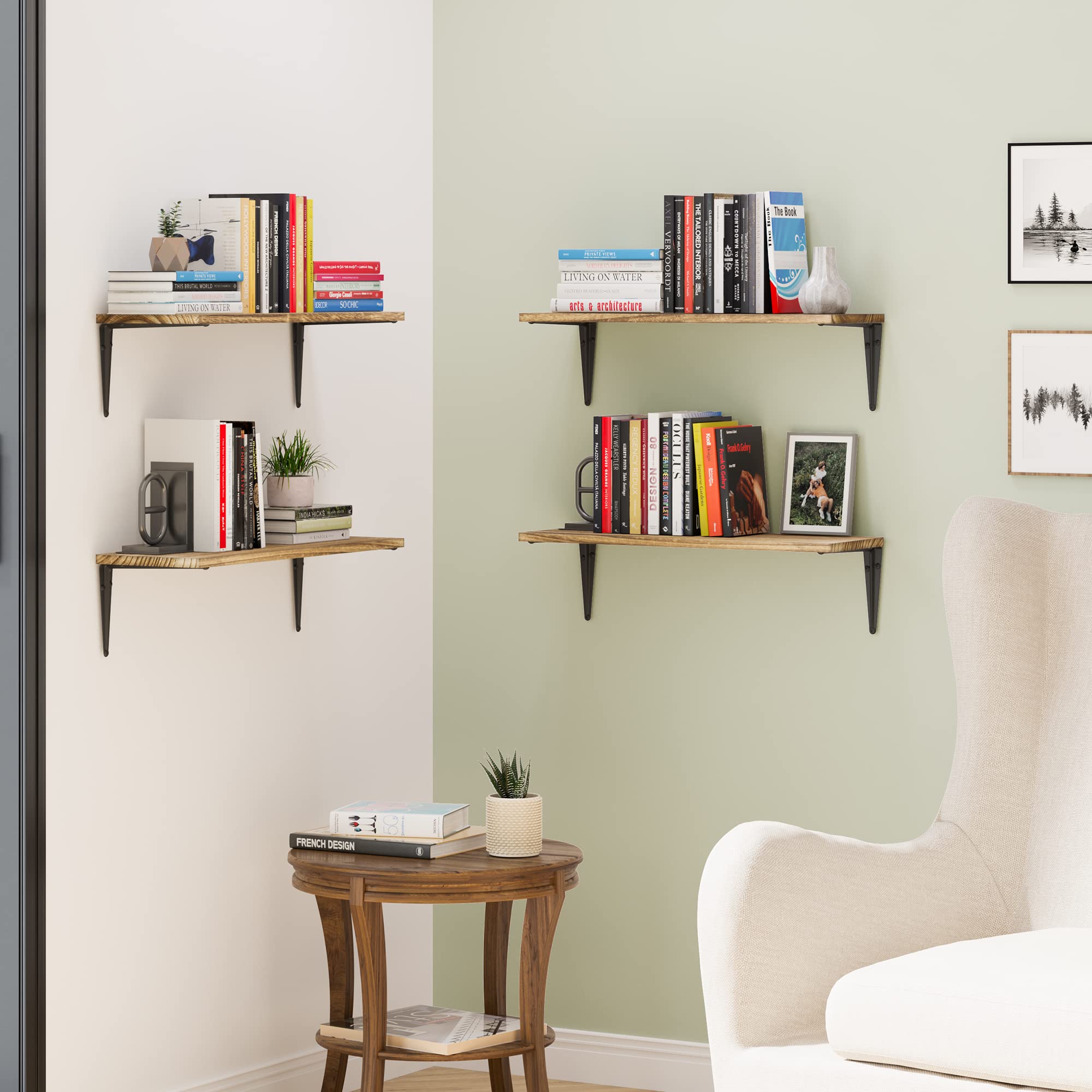 Wallniture Arras 24x8 Inch Floating Shelves Set of 4 - Rustic Burnt Finish Wall Mounted Shelves for Home Decor, Bookshelf for Living Room, Kitchen Storage & Bedroom Organization - Perfect for Displaying Books, Plants & Decorative Items