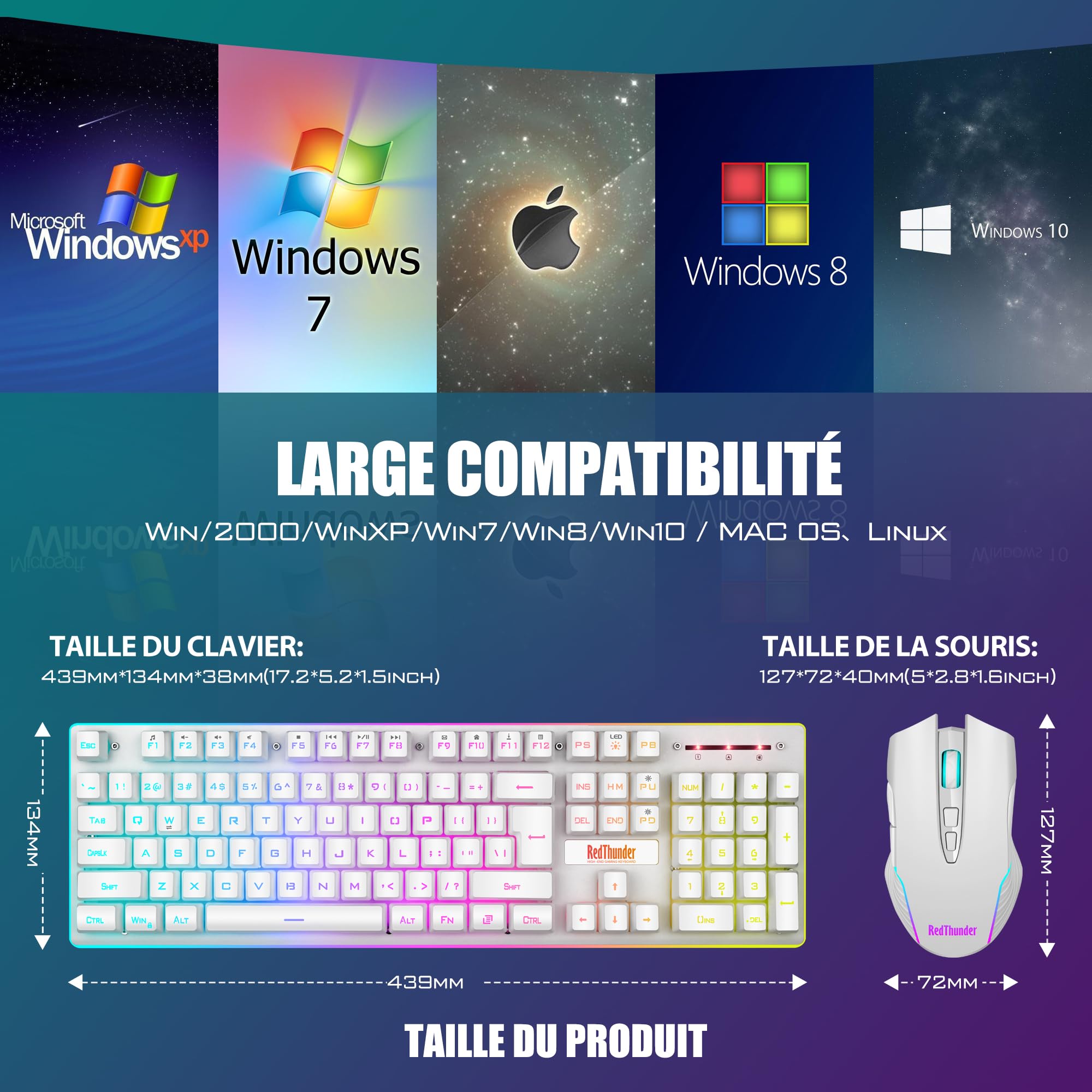RedThunder K10 Wireless Gaming Keyboard & Mouse Set - French AZERTY, 3200DPI, for PC Mac PS5 Xbox (White) - Perfect for Esports & Home Gaming