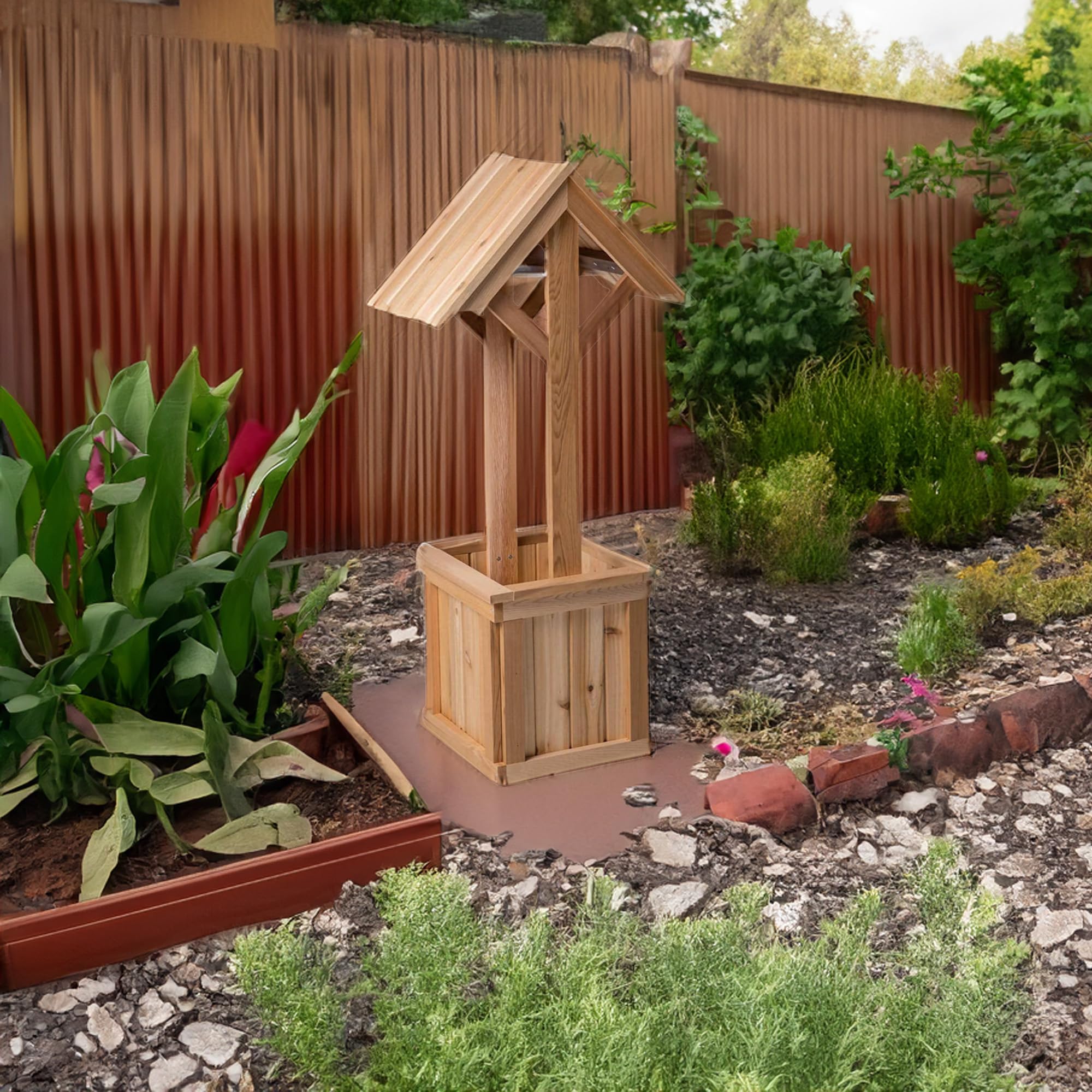4-Ft Cedar Outdoor Wishing Well Planter Box for Flowers & Plants - Perfect for Garden Decor, Patio Landscaping & Backyard Displays