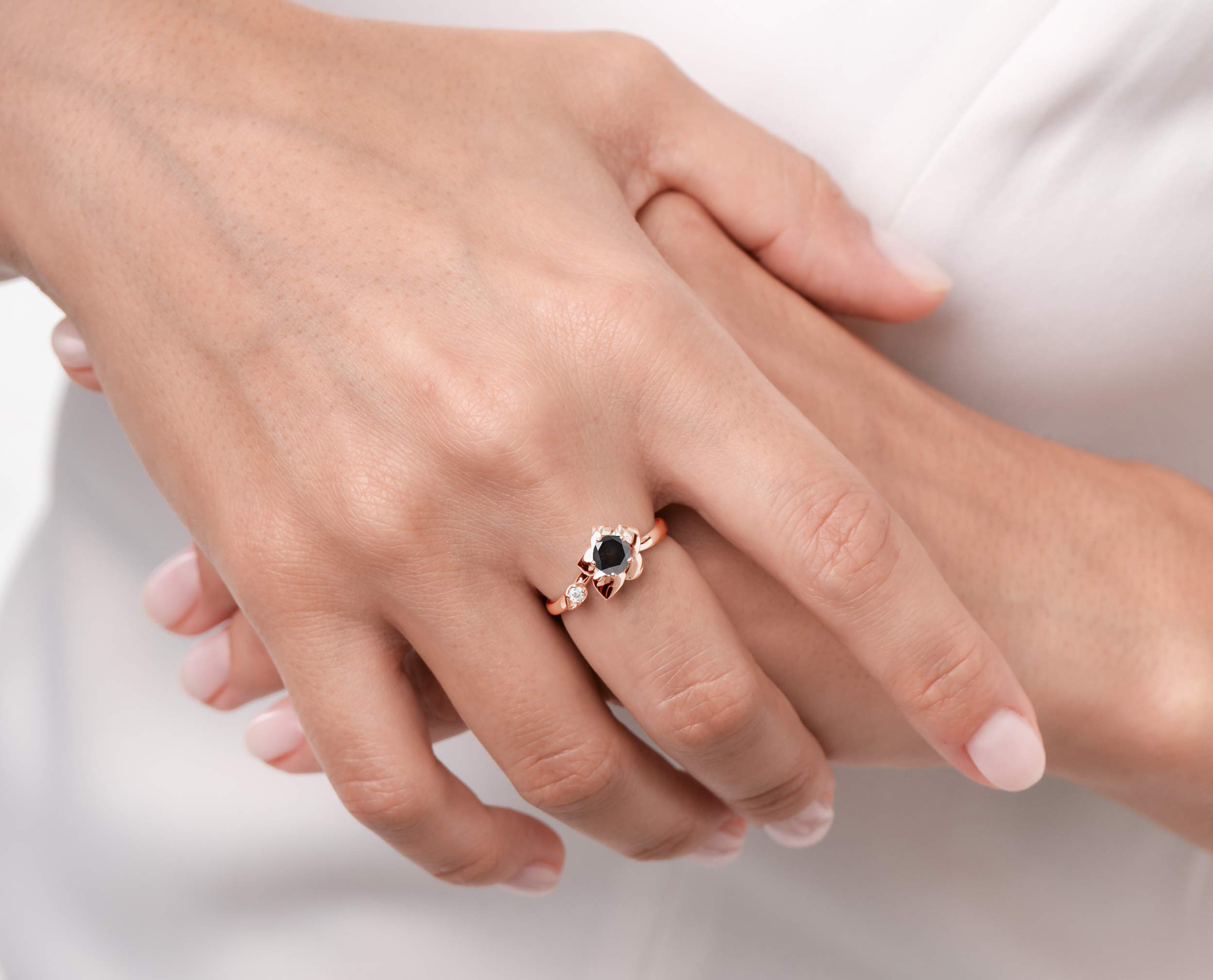 Elegant Floral Rose Gold Wedding & Engagement Ring Set with Black Diamond - Orchid Inspired Women's Ring for Bridal, Anniversary & Special Occasions