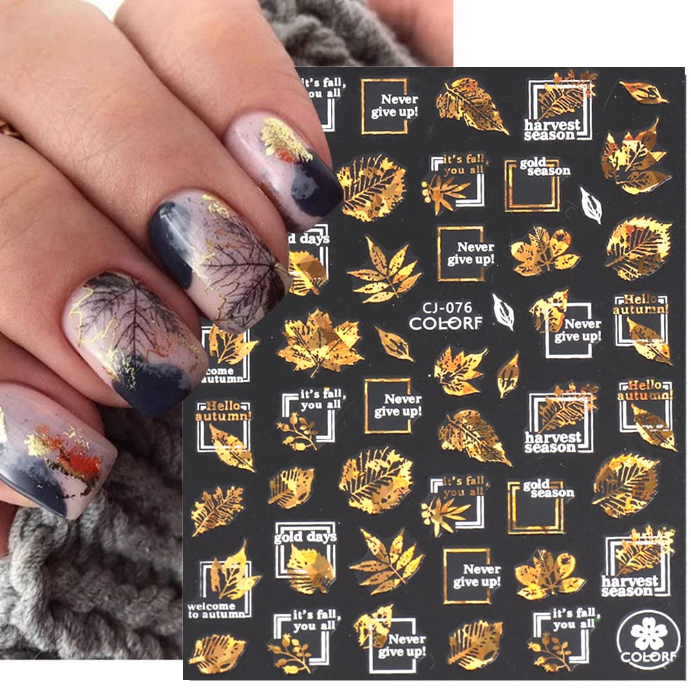 Autumn Leaves Nail Decals - Gold Maple Leaf Nail Art Stickers, 3D Self-Adhesive Fall Nail Stickers for Women DIY Nail Art, 9 Sheets/Set - Perfect for Halloween, Thanksgiving, and Autumn Nail Designs