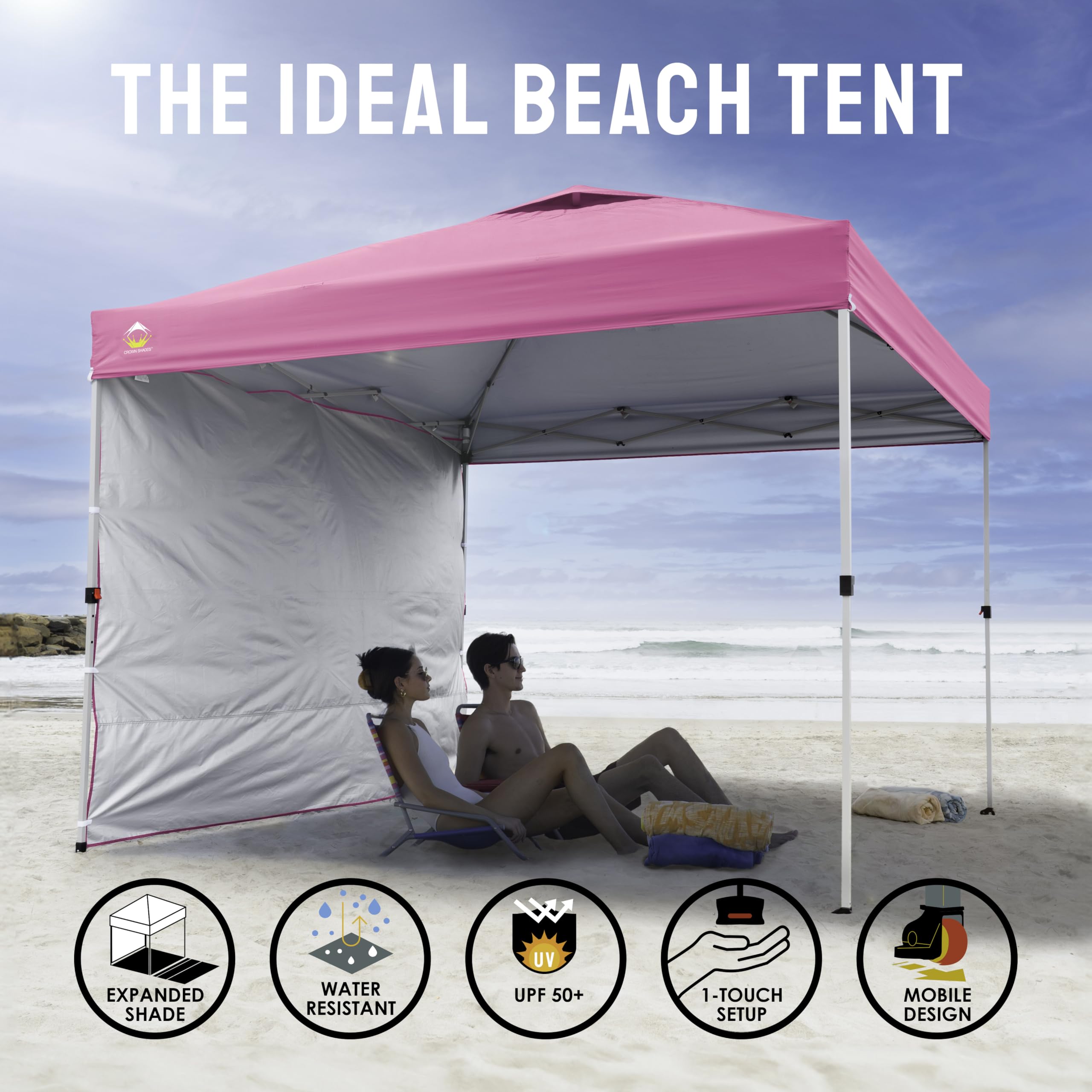 CROWN SHADES 10x10 Pop Up Canopy Tent with 1 Side Wall - Instant Setup Beach Shade for Outdoor Events, Parties, Camping & Backyard - Portable Gazebo with Carry Bag (Pink) | Perfect for Picnics, Tailgating & Summer Festivals