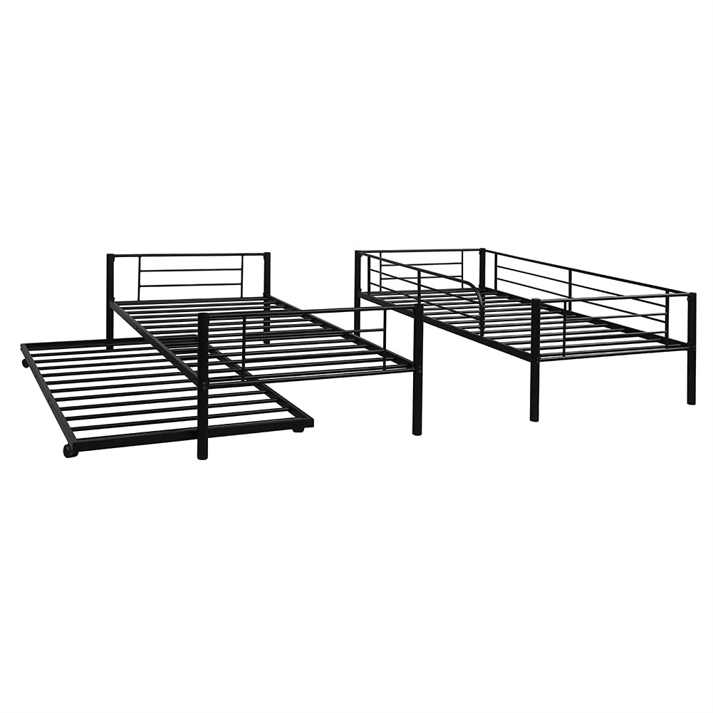 Metal Twin-Over-Twin Bunk Bed with Trundle - Convertible to 2 Separate Beds, No Box Spring Required (Black) | Space-Saving Kids Bedroom Furniture for Small Rooms, Dormitories & Guest Rooms