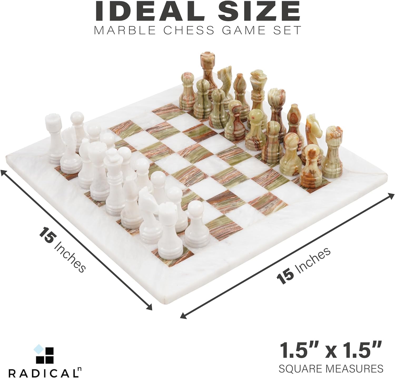 Premium 15-Inch White & Green Onyx Handmade Marble Chess Set with Storage Box - Classic 2-Player Board Game for Adults (Includes 1 Chess Board & 32 Pieces) - Perfect for Home Decor, Gifts, and Strategy Game Lovers