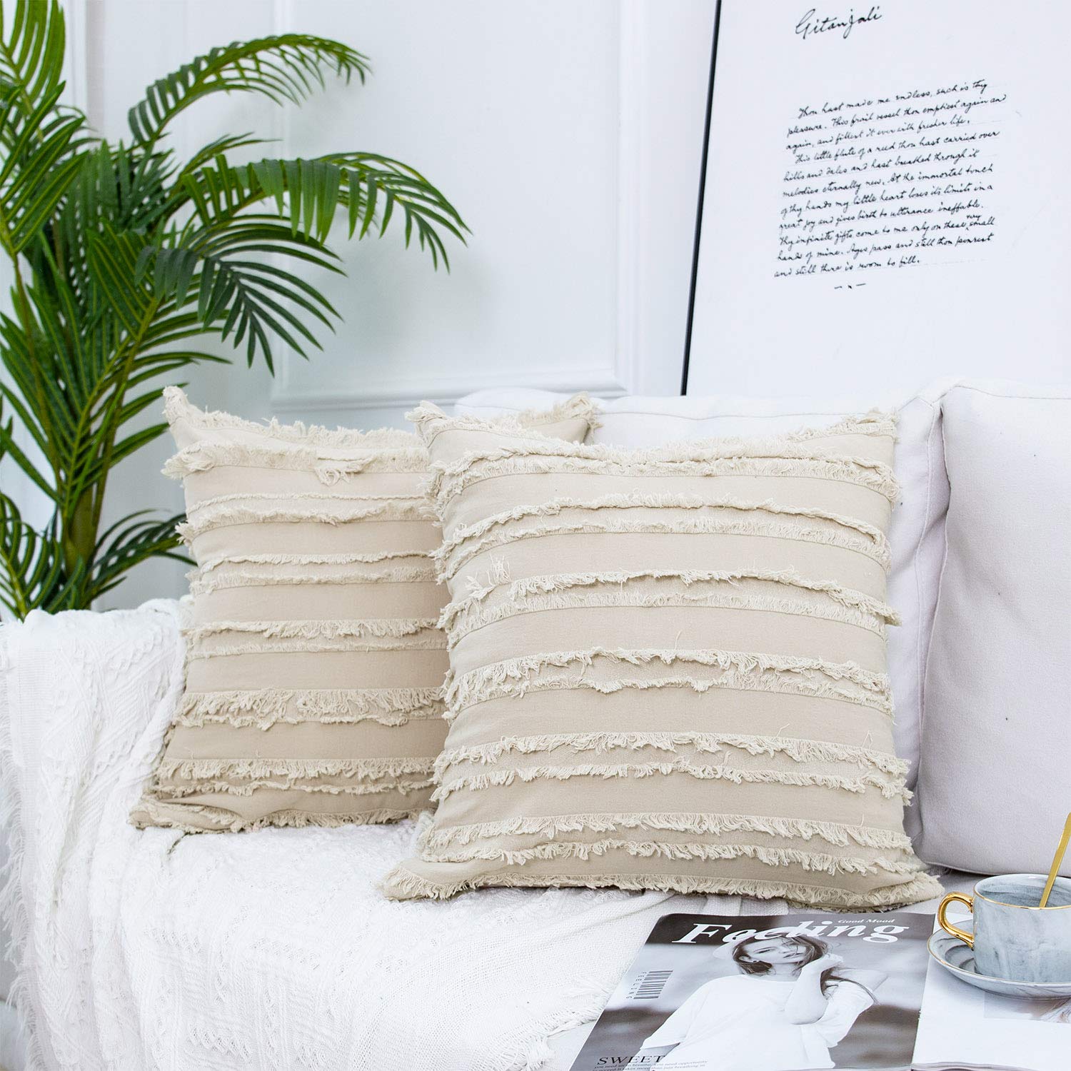 JUSPURBET Farmhouse Style Pillow Covers 16x16 Inches - Soft Cotton Linen Striped Decorative Throw Pillow Cases with Tassels for Couch, Bed, Sofa - Khaki - Perfect for Living Room, Bedroom & Home Decor