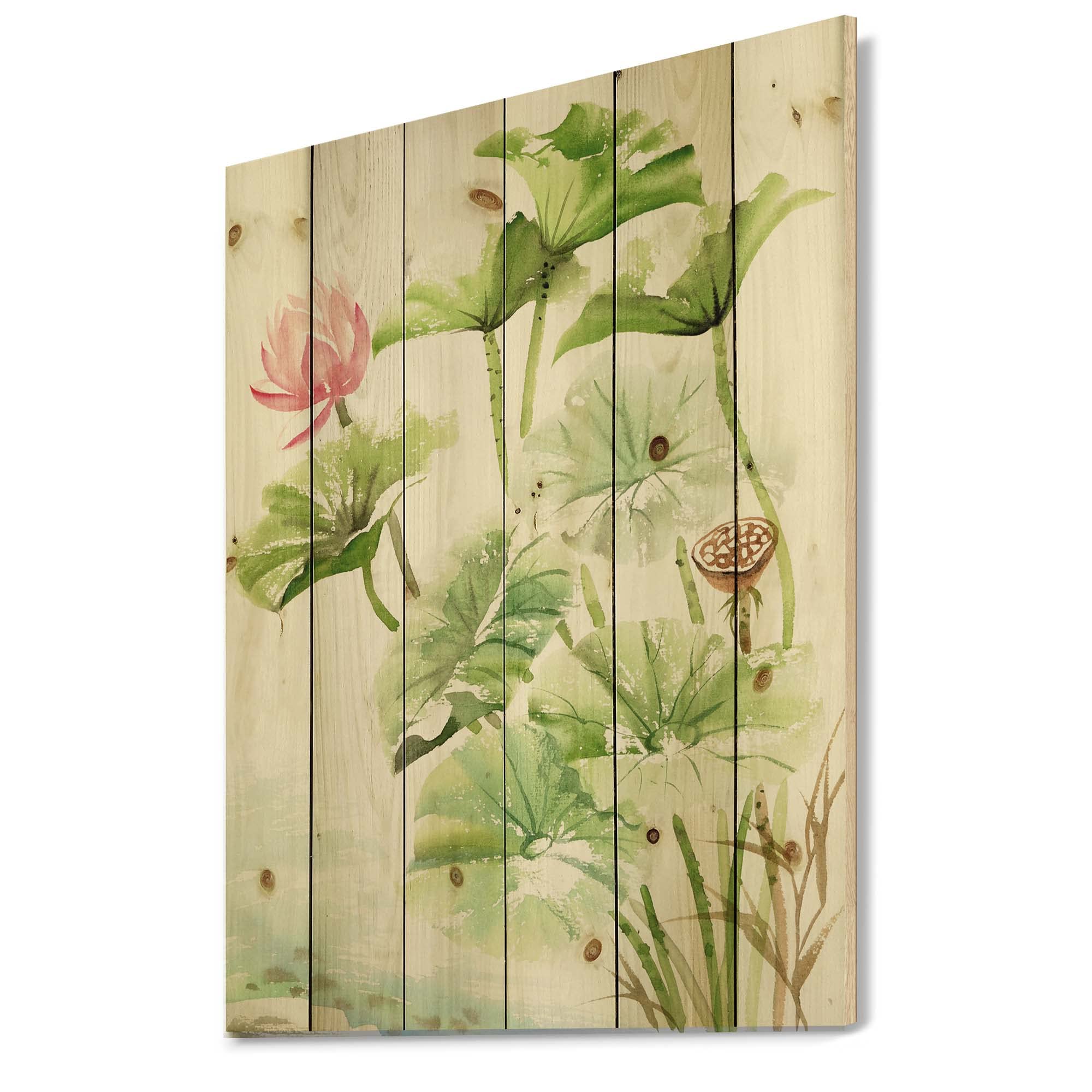 Vintage Pink Lotuses In The Pond Traditional Wood Wall Art - Large Floral Pine Wood Wall Decor Panel - Handmade Natural Wood Wall Hanging for Living Room, Bedroom & Office Decor