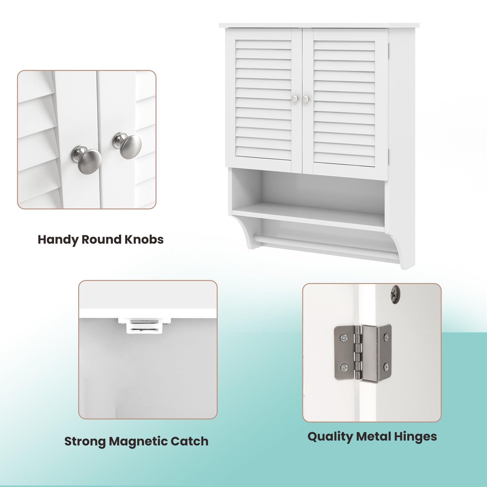 LIFEZEAL Wooden Wall Mounted Bathroom Storage Cabinet with 2 Doors & 3 Shelves - Adjustable Space-Saving Design with Towel Rack, Holds Up to 30kg (60x22x75cm, White) - Perfect for Small Bathrooms, Apartments & Vanity Organization