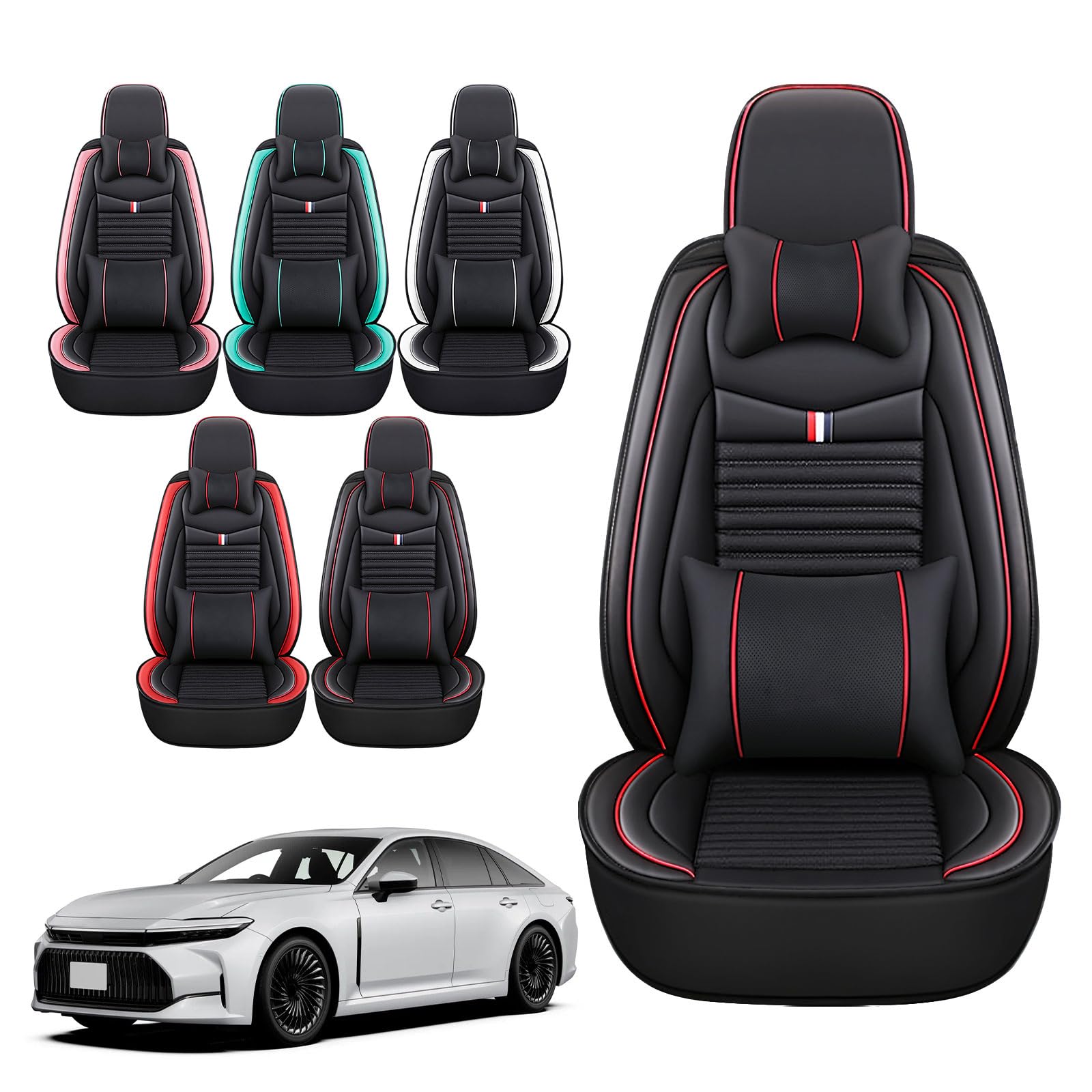 Premium Leather Car Seat Covers for Toyota Corolla Cross 2022-2024 | Universal Anti-Slip Design Fits Most Cars, Sedans, SUVs & Trucks (Black Red Bars) | Perfect for Daily Commute, Road Trips & Vehicle Protection
