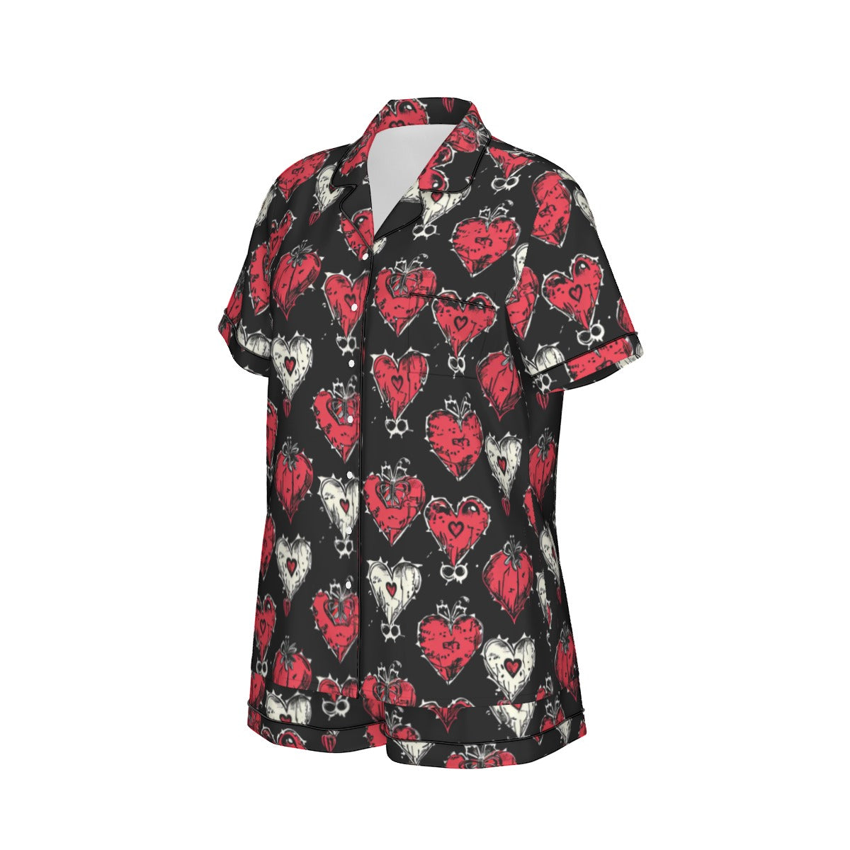 Gothic Hearts Women's Silk-Like Pajama Set - Short Sleeve Sleepwear for Lounge & Nightwear | Soft & Comfortable Sleepwear for Women | Perfect for Home Relaxation, Sleepovers & Vacation