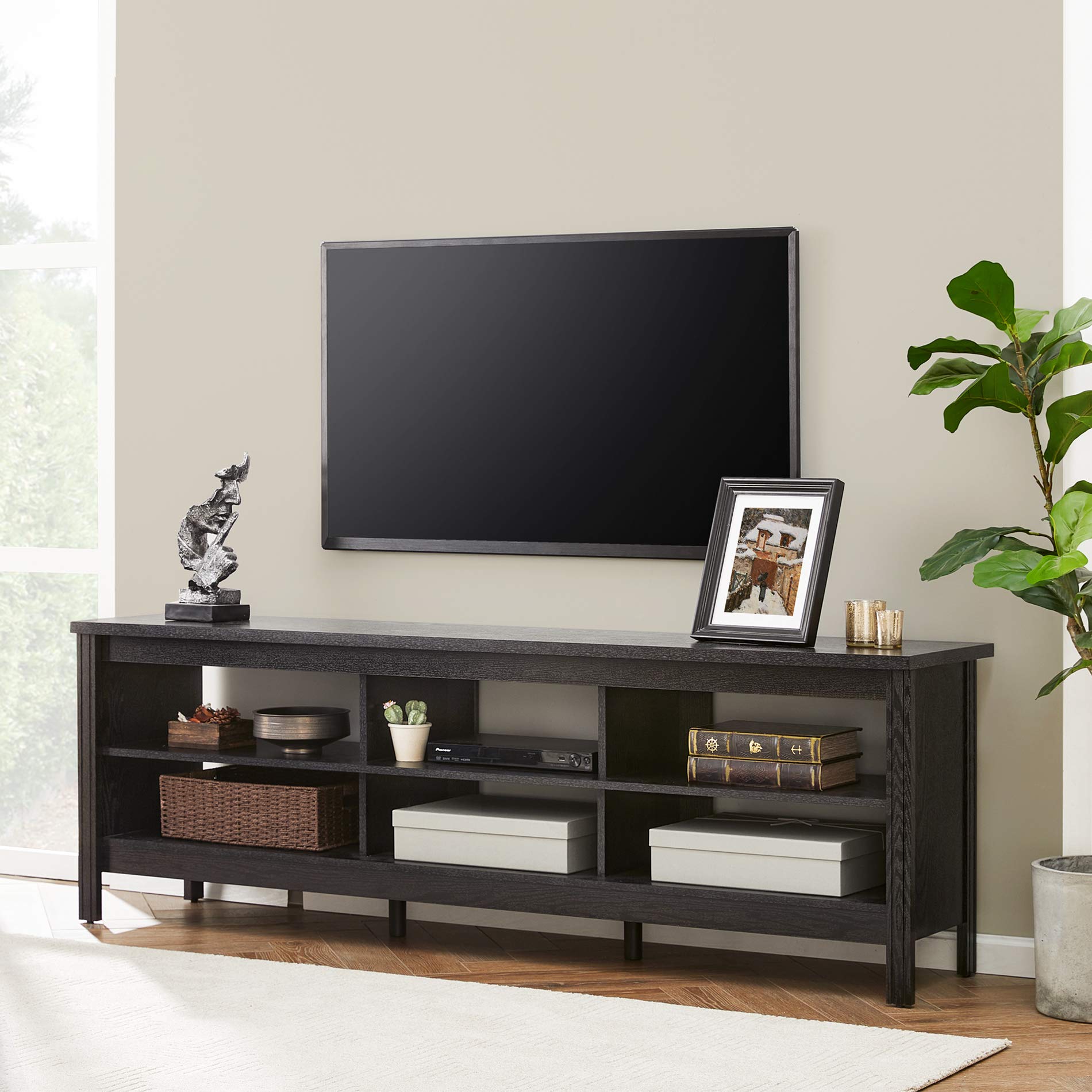 WAMPAT 75 Inch TV Stand - Rustic Black Wood Entertainment Center with 6 Storage Cubby, Classic TV Media Console for 65-70 Inch TVs - Perfect for Living Room, Bedroom & Home Theater Setup