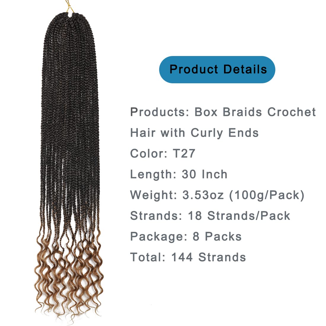 8 Packs 30 Inch Pre-Looped Crochet Box Braids Hair with Curly Ends - T27 Goddess Box Braids for Women - Long Synthetic Braiding Hair Extensions for Protective Styles & Boho Looks