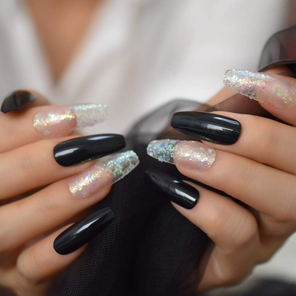 **HUIL Press on False Nails - 24pcs Extra Long Ballerina Coffin Fake Nails with Classic Black, Clear & Bling Glitter Design | Perfect for Parties, Weddings & Special Occasions**