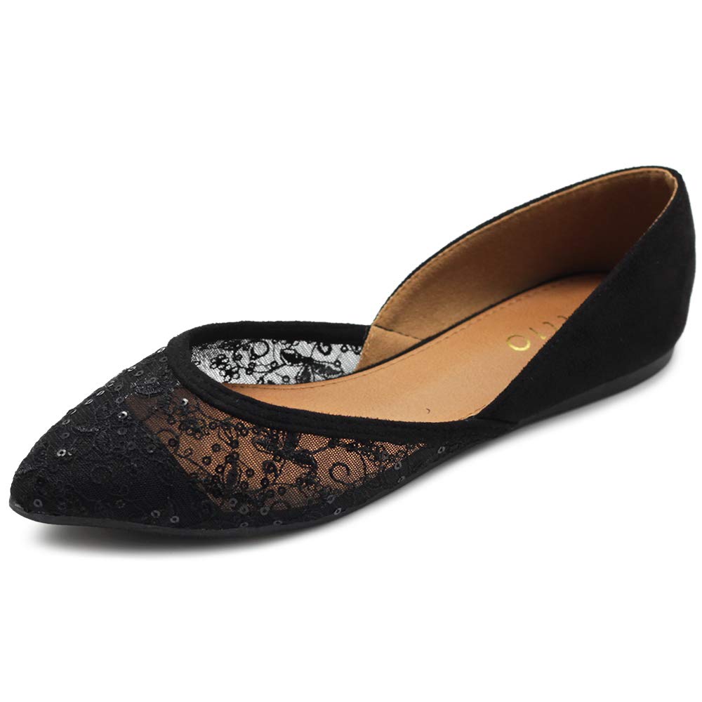 Ollio Women's Ballet Flats - Faux Suede Floral Lace Pointed Toe Shoes - Breathable Mesh Comfort for Work, Party & Daily Wear