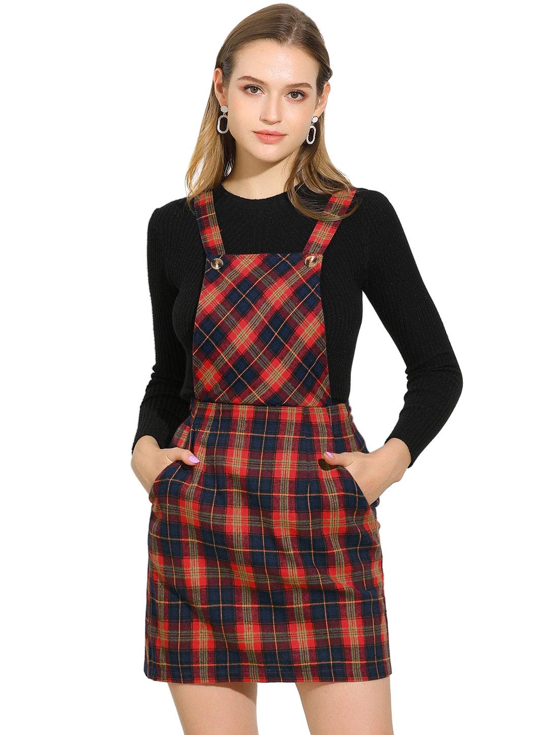 Allegra K Women's Plaid Pinafore Mini Dress with Adjustable Straps - Stylish Suspender Skirt for Casual Outings, Date Nights & Fall Fashion