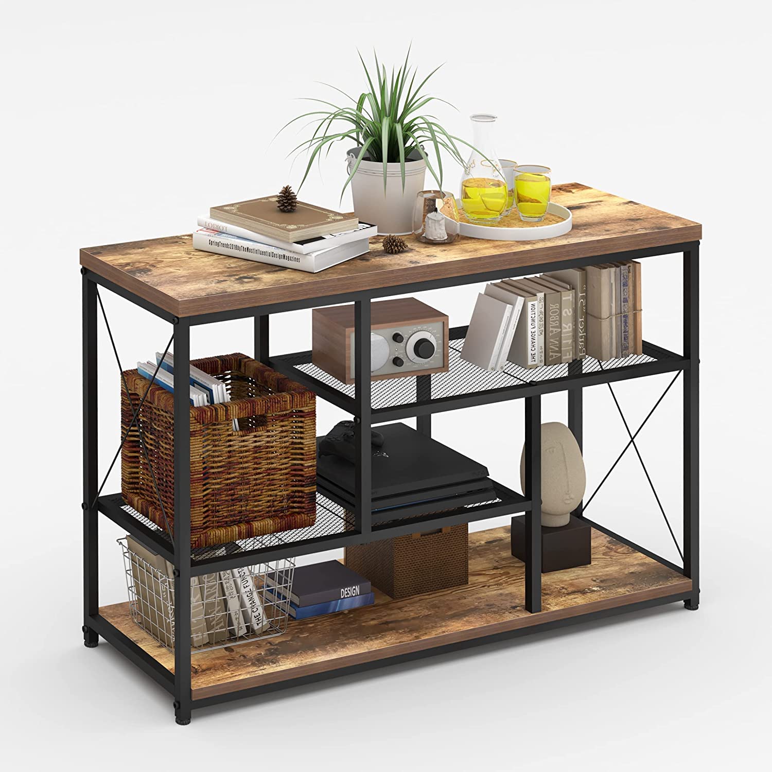 Rustic Oak TV Stand Console Table with Open Bookshelf - 47 Inch Industrial Sofa Table for Living Room, Entryway & Hallway - Perfect for Bedroom Storage & Living Room Decor