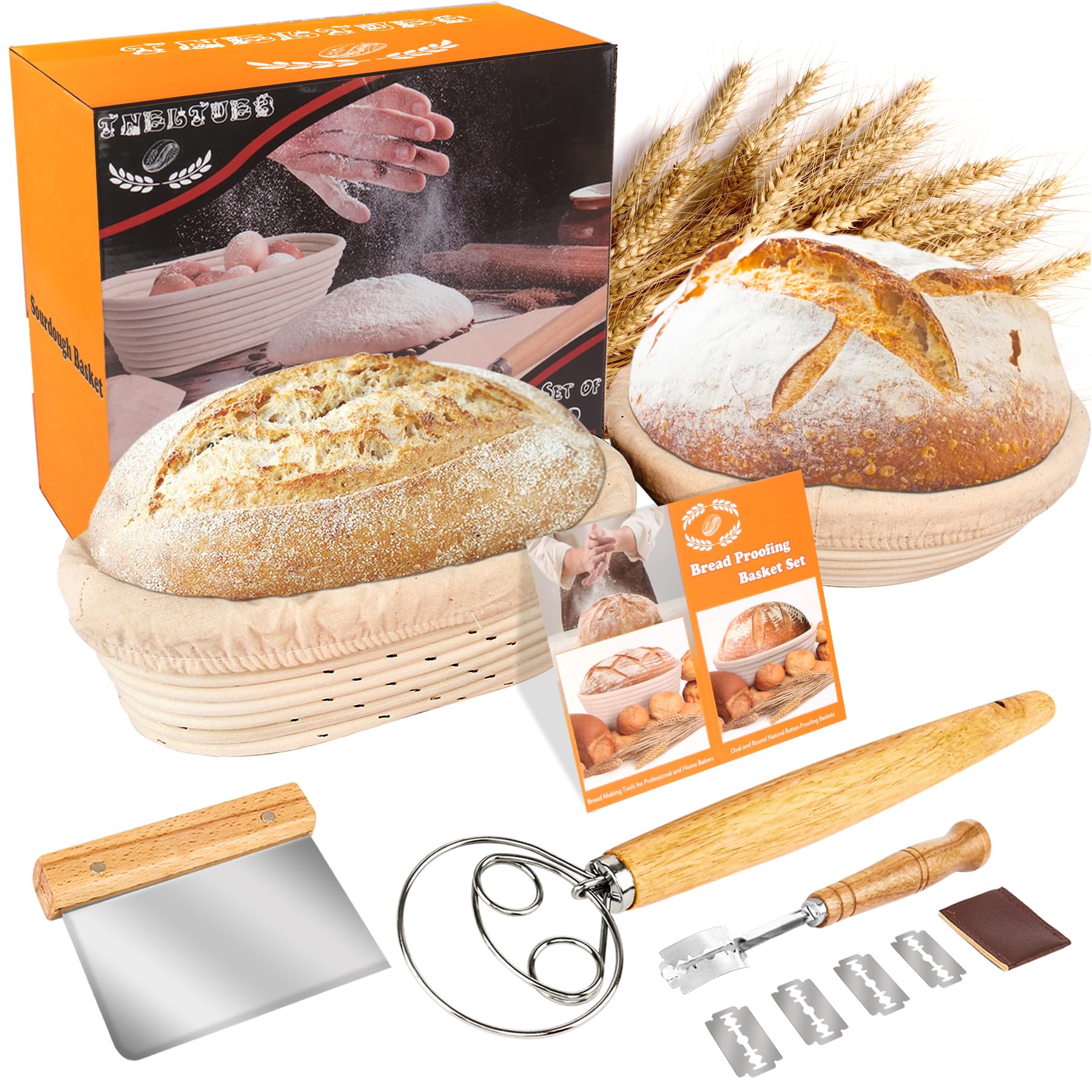 Premium Bread Proofing Basket Set - 10'' Round & 9.6'' Oval Rattan Banneton with Dough Whisk, Scraper, Lame & Linen Liner | Natural Sourdough Baking Kit for Artisan Bread Making at Home