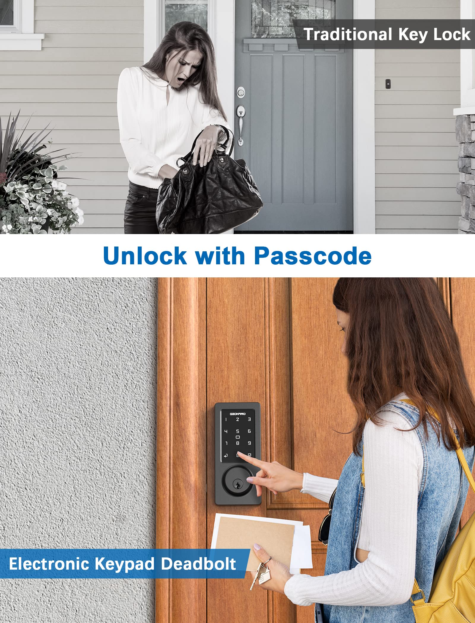 GEONFINO Smart Lock with WiFi & Bluetooth - Keyless Entry, Touchscreen Keypad, Auto Lock & Alexa Voice Control - Secure Your Home (Black) - Perfect for Smart Homes, Vacation Rentals & Airbnb Properties
