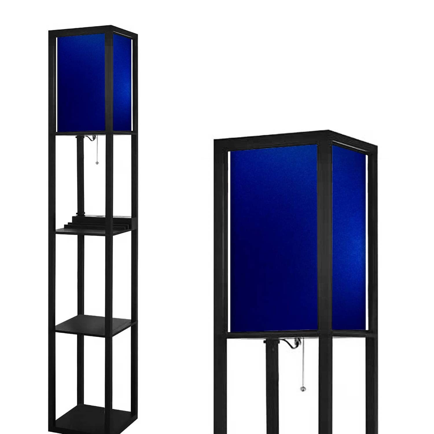 Modern Blue Foil Graphic Shimmer Silver Floor Lamp with Shelves, USB Ports & Power Outlet - Abstract Metal Glossy Tall Standing Lamp with Linen Fabric Shade for Living Room, Bedroom Corner Lighting | Home Office Decor, Reading Nook Illumination