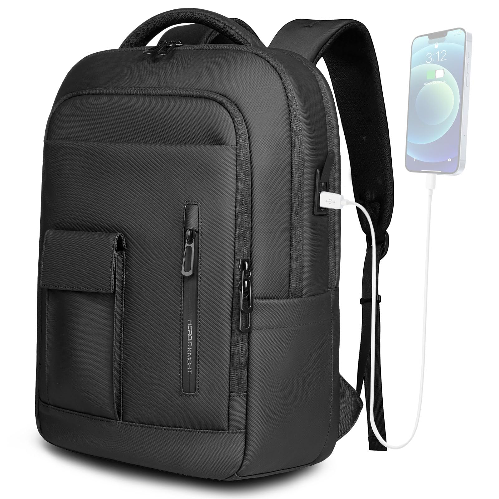 Men's 16 Inch Laptop Backpack with USB Charging Port, Water Resistant Business Travel Backpack for Work, College, and Weekender Trips - Black