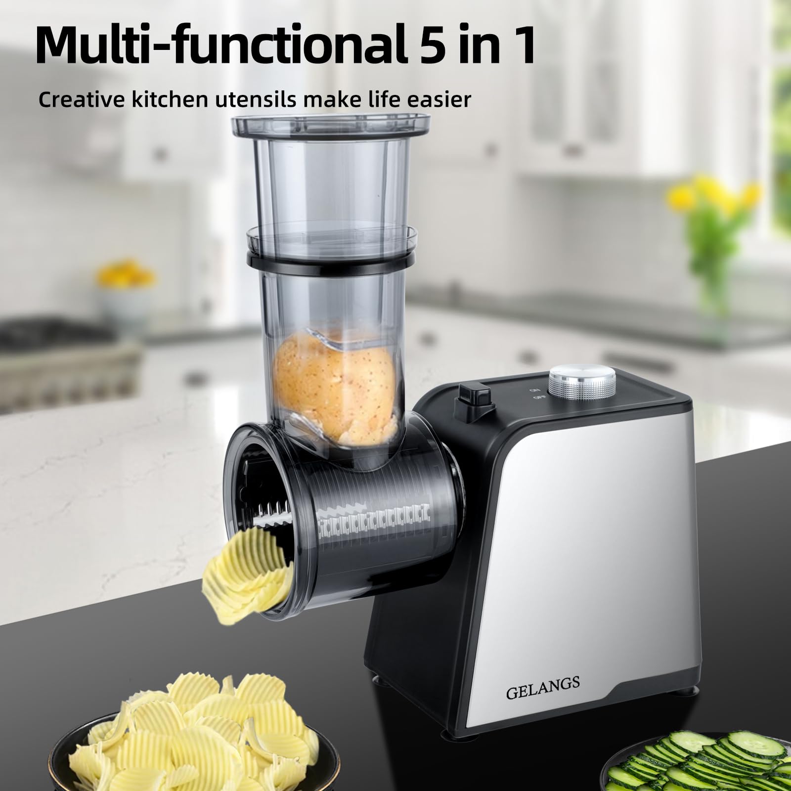5-in-1 Electric Vegetable Slicer & Cheese Grater - 300W Powerful Salad Shooter with One-Touch Control - Multi-Functional Kitchen Appliance for Vegetables, Cheese & Nuts - Perfect for Meal Prep, Salad Making & Party Snacks