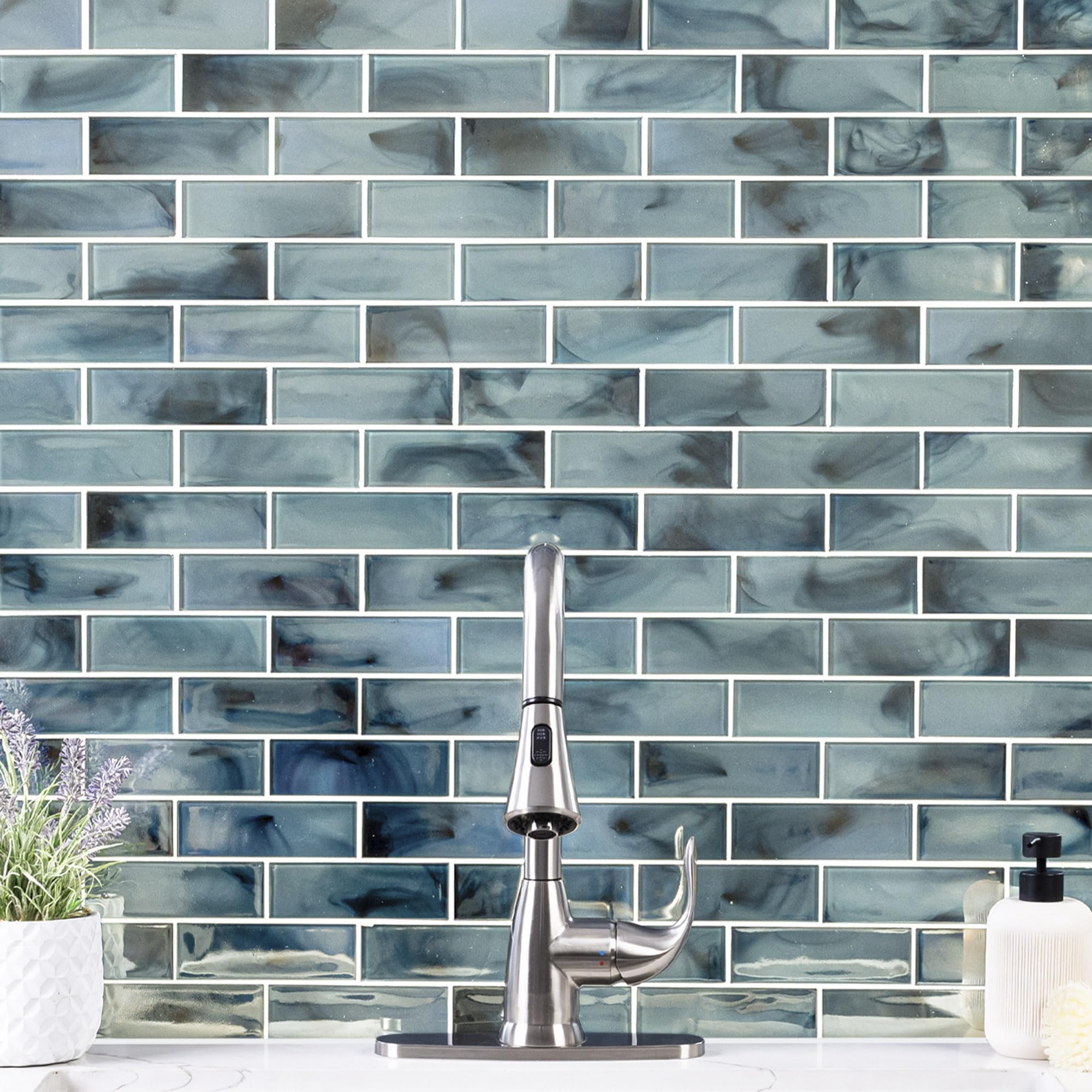 MSI Blue Shimmer 11.75x11.75 Inch Glass Subway Tile - Premium Kitchen Backsplash, Bathroom Wall & Shower Tile (2x6 Inch) - Perfect for Modern Home Renovation, Coastal Decor & Spa-Inspired Bathrooms