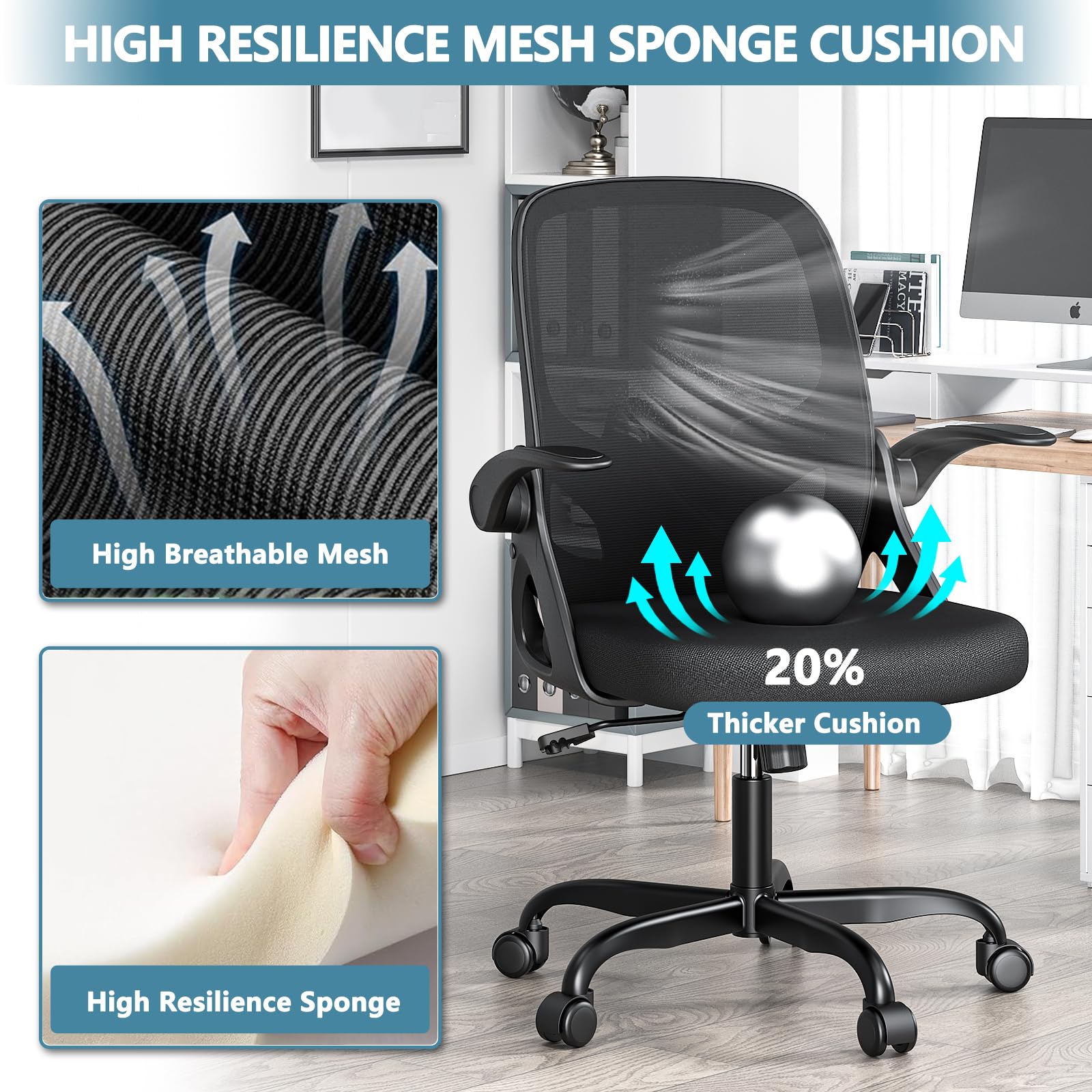 Ergonomic Home Office Chair with Lumbar Support & Breathable Mesh - Adjustable Flip-Up Arms, Modern Desk Chair for Work & Study - Perfect for Home Office, Gaming & Remote Work (Black)