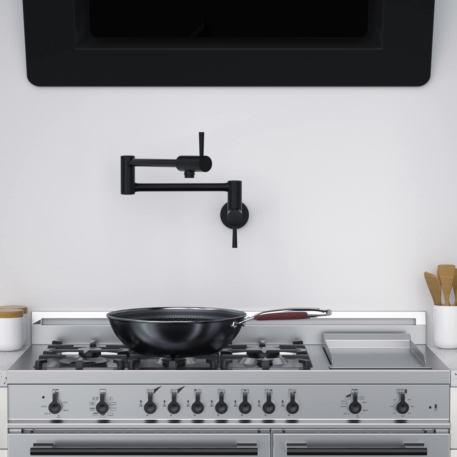 **MSTJRY Matte Black Pot Filler Faucet - Wall Mount Stainless Steel Kitchen Faucet with Stretchable Double Joint Swing Arm, Single Hole Two Handle Folding Design - Perfect for Cooking, Filling Large Pots & Sink Tasks**