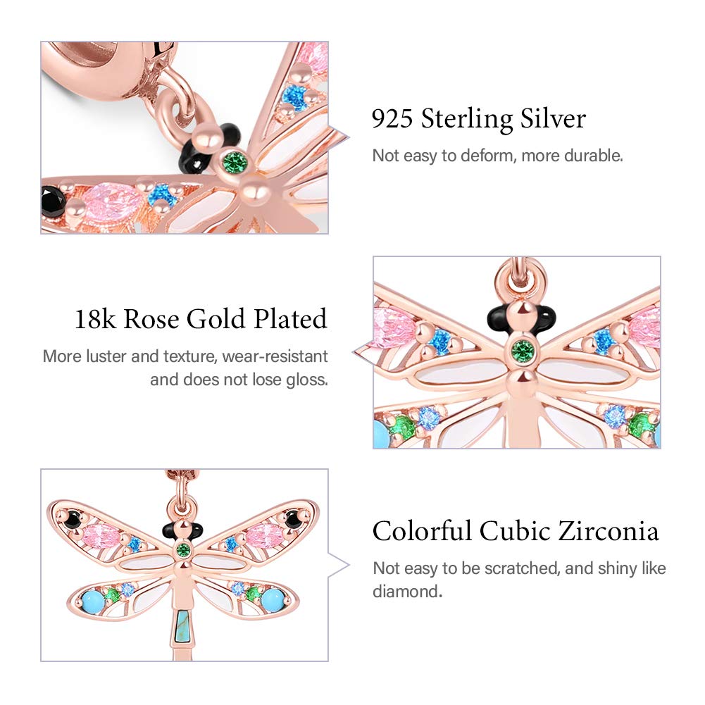 GNOCE Dragonfly Charm Pendant - Sterling Silver 18k Rose Gold Plated Dangle Charm with Turquoise for Women's Bracelet & Necklace | Perfect for Everyday Wear, Gift Giving & Special Occasions