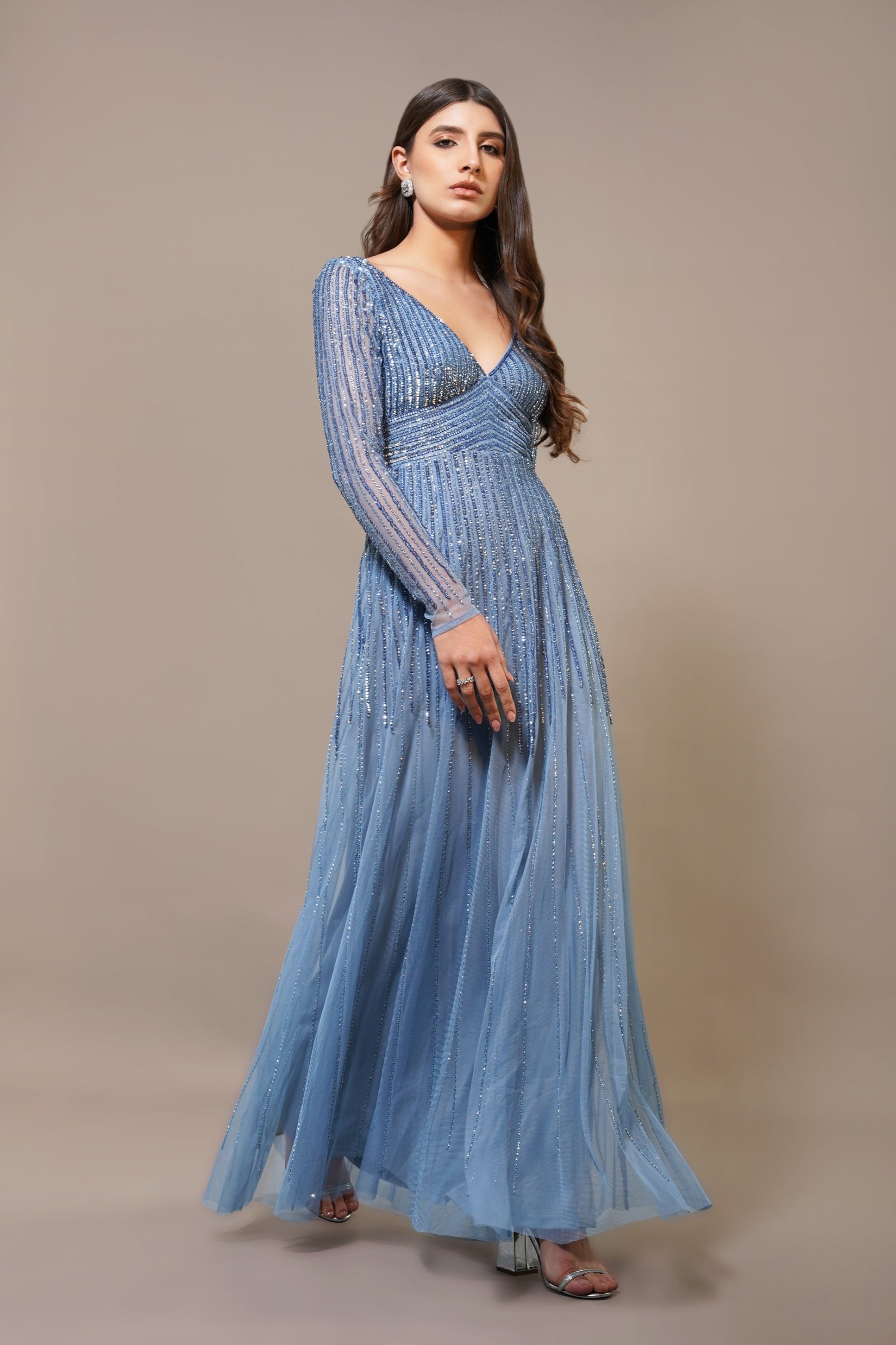 Laura Embellished Maxi Dress in Powder Blue - Elegant Floral Lace Evening Gown for Women, Perfect for Weddings, Prom, and Special Occasions