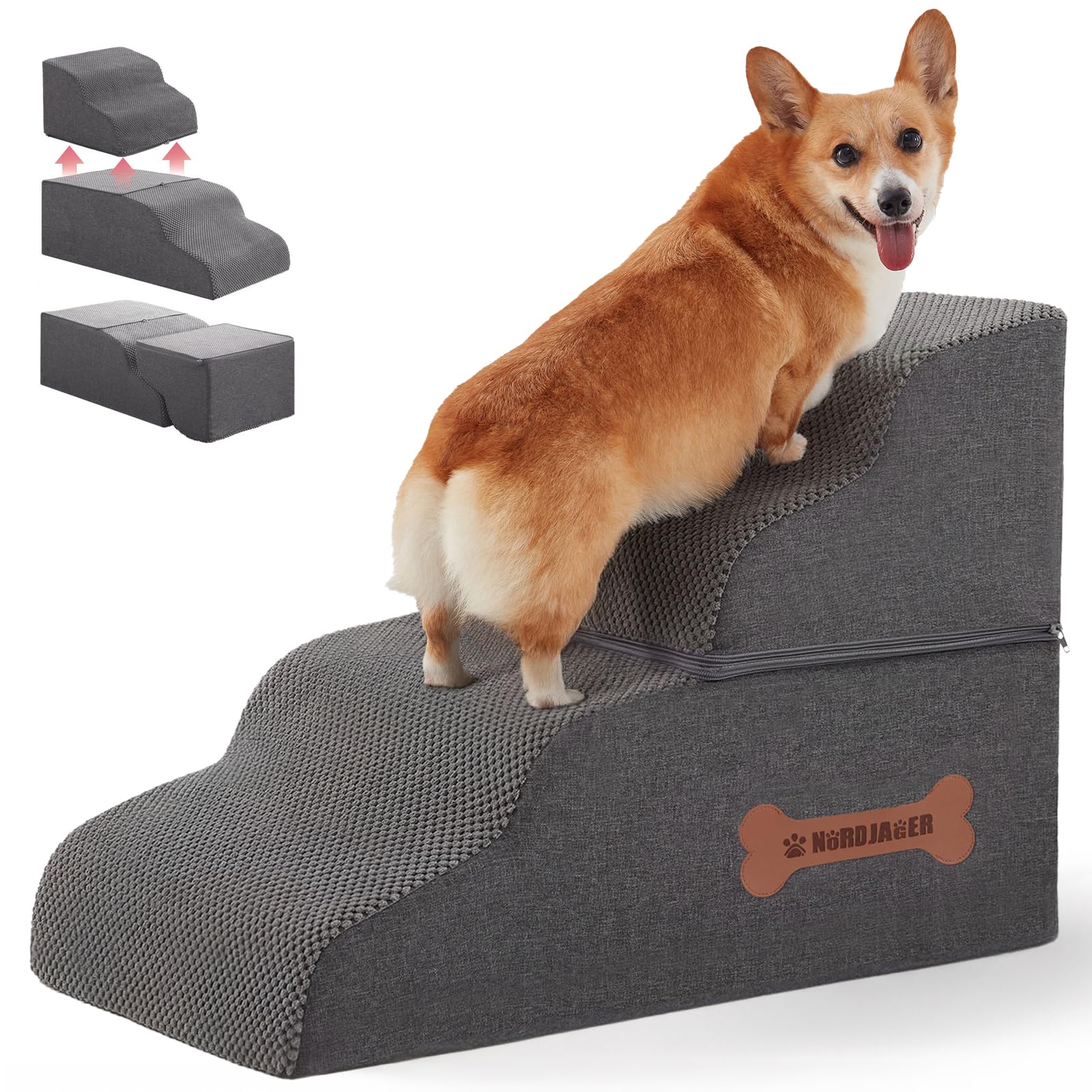4-Step Pet Stairs for Small Dogs & Cats - Non-Slip Ramp for Beds, Couches & Cars - Supportive Grey Pet Steps (19